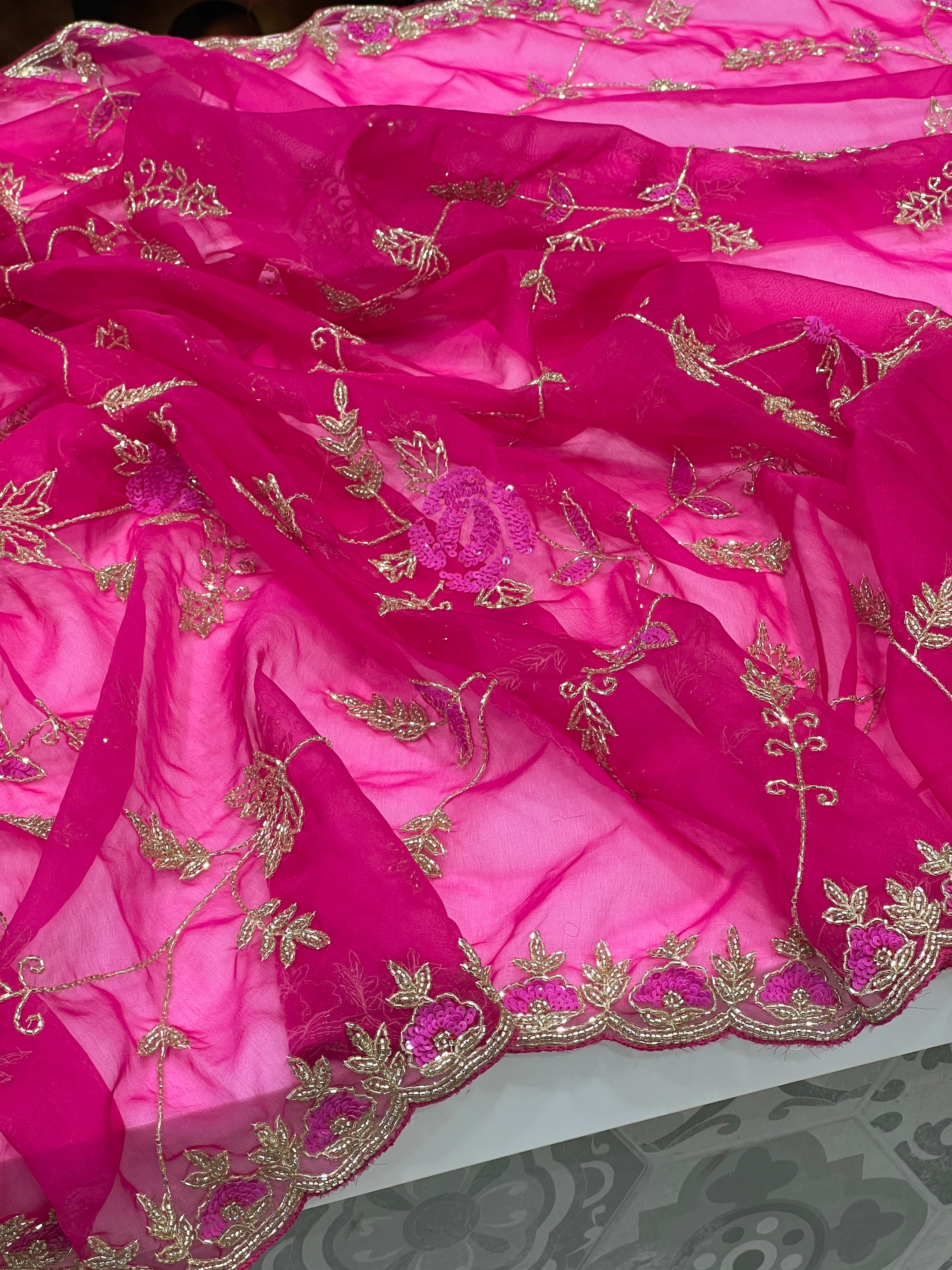 Rani Organza Hand Embroidery Jaal Saree