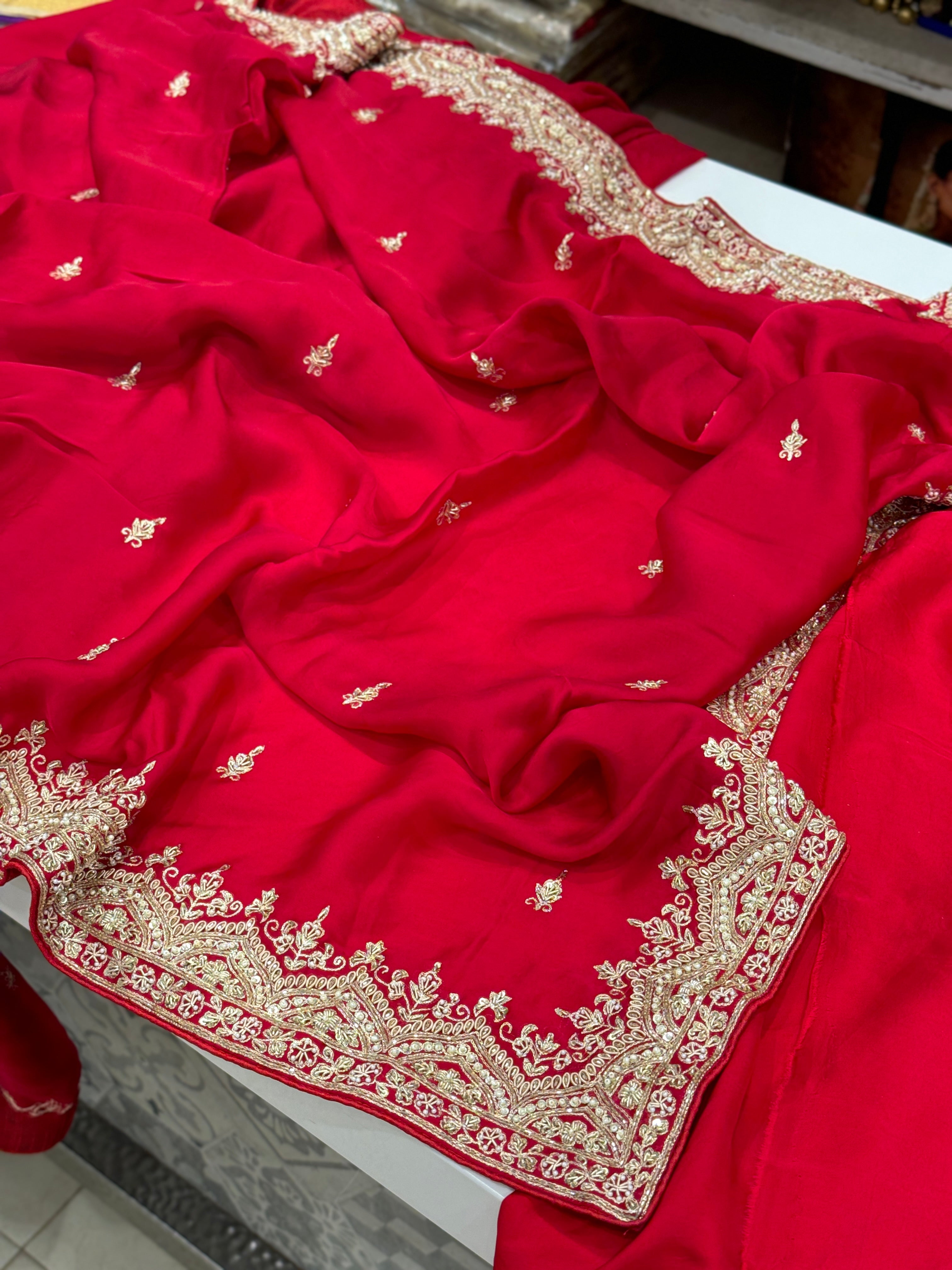 Red Satin Zardosi Saree