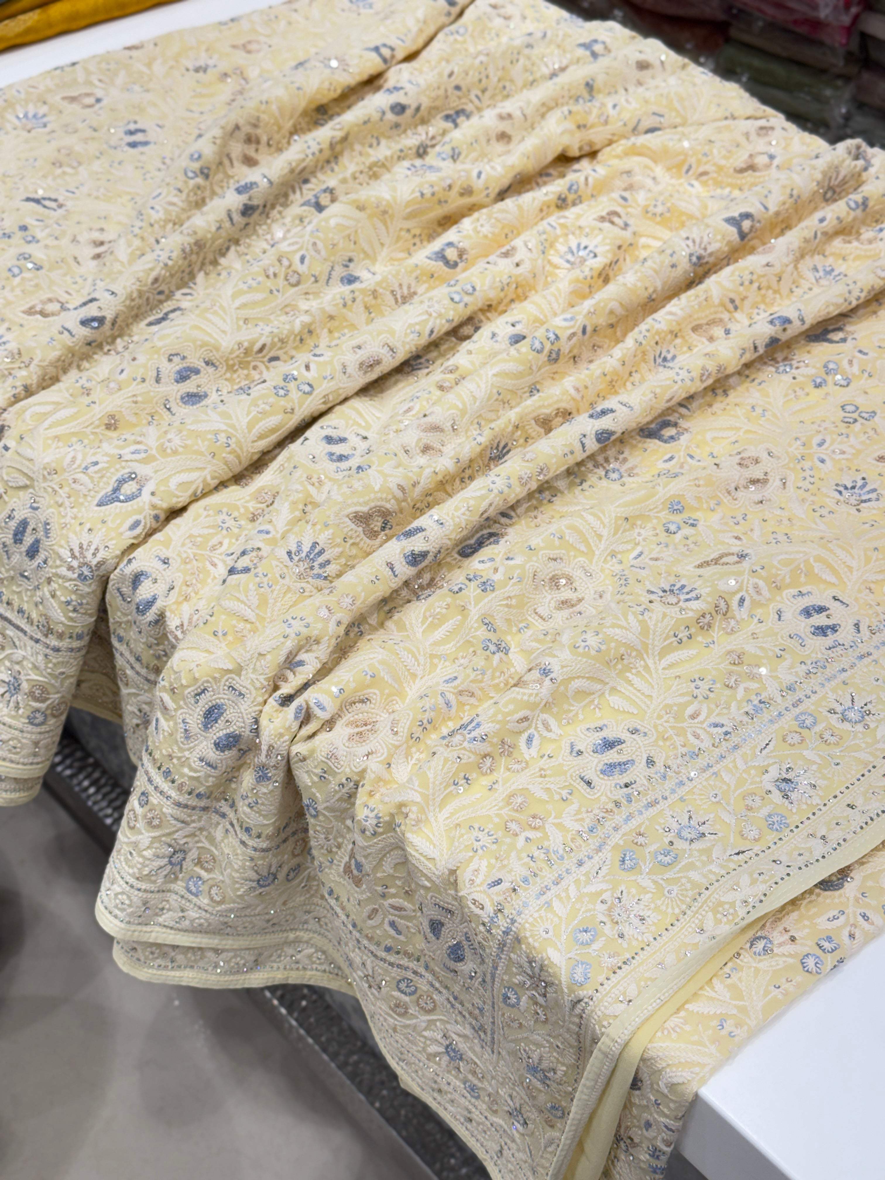 Yellow Chikankari Saree Floral Design