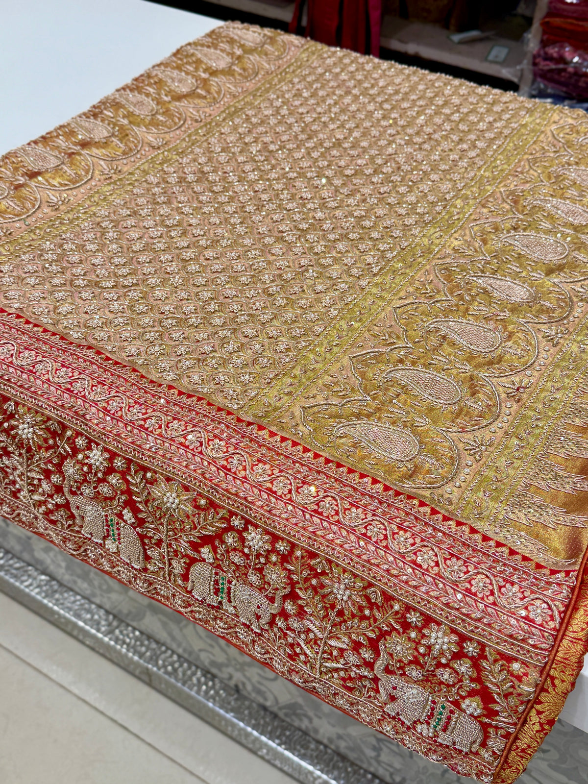 Light Pink Elephant Motif Meenakari Tissue Kanjivaram Zardosi Hand Embroidery Saree