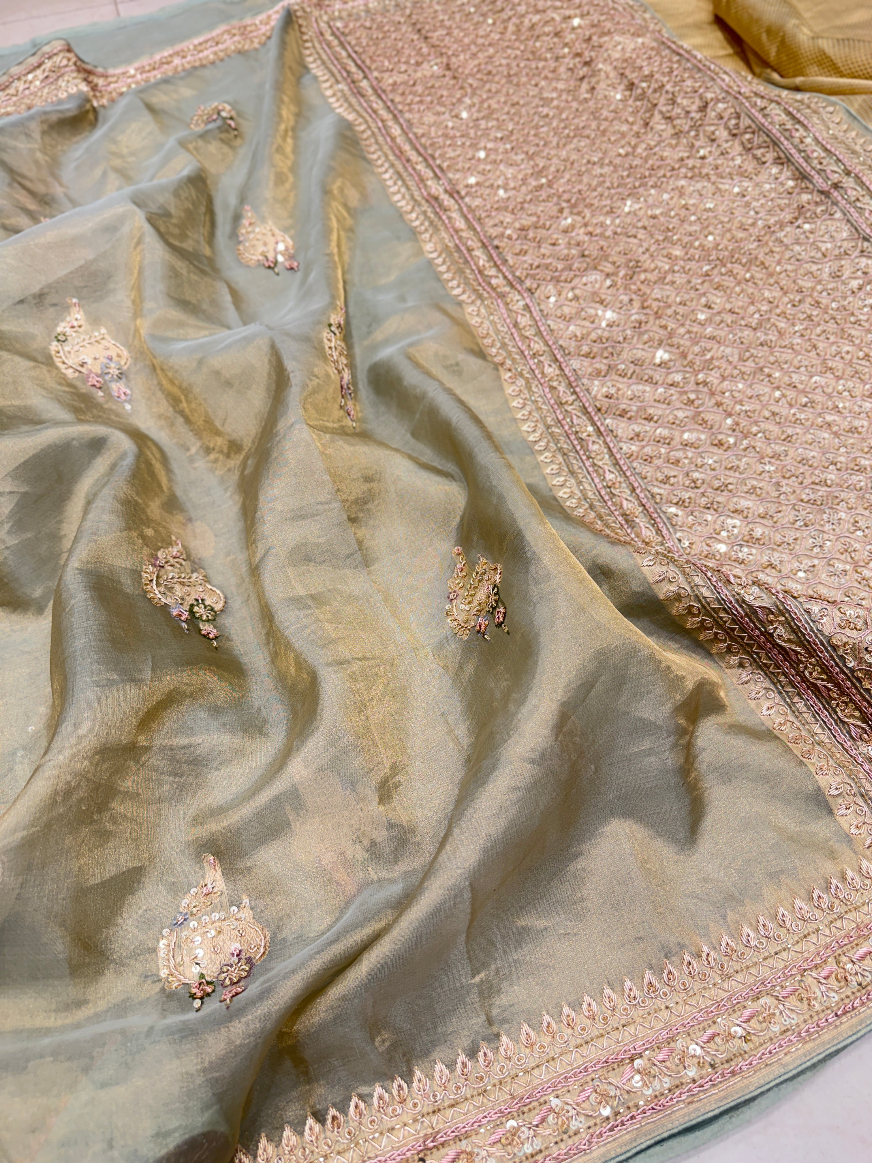 Sage Green Meenakari Banarasi Tissue Handloom Kadwa Weave Zardosi Embroidery Saree