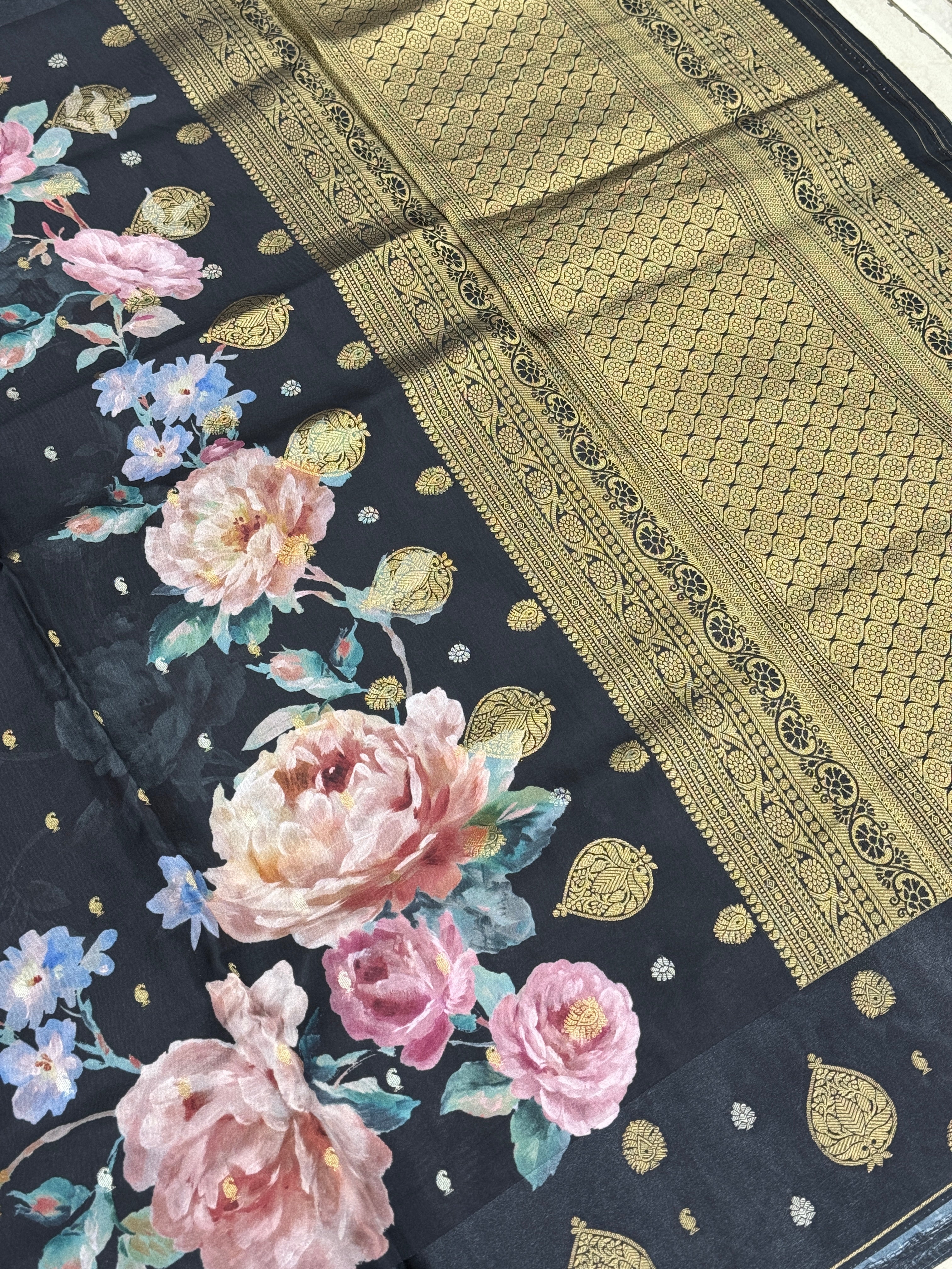 Black Printed Silk Satin Border Saree