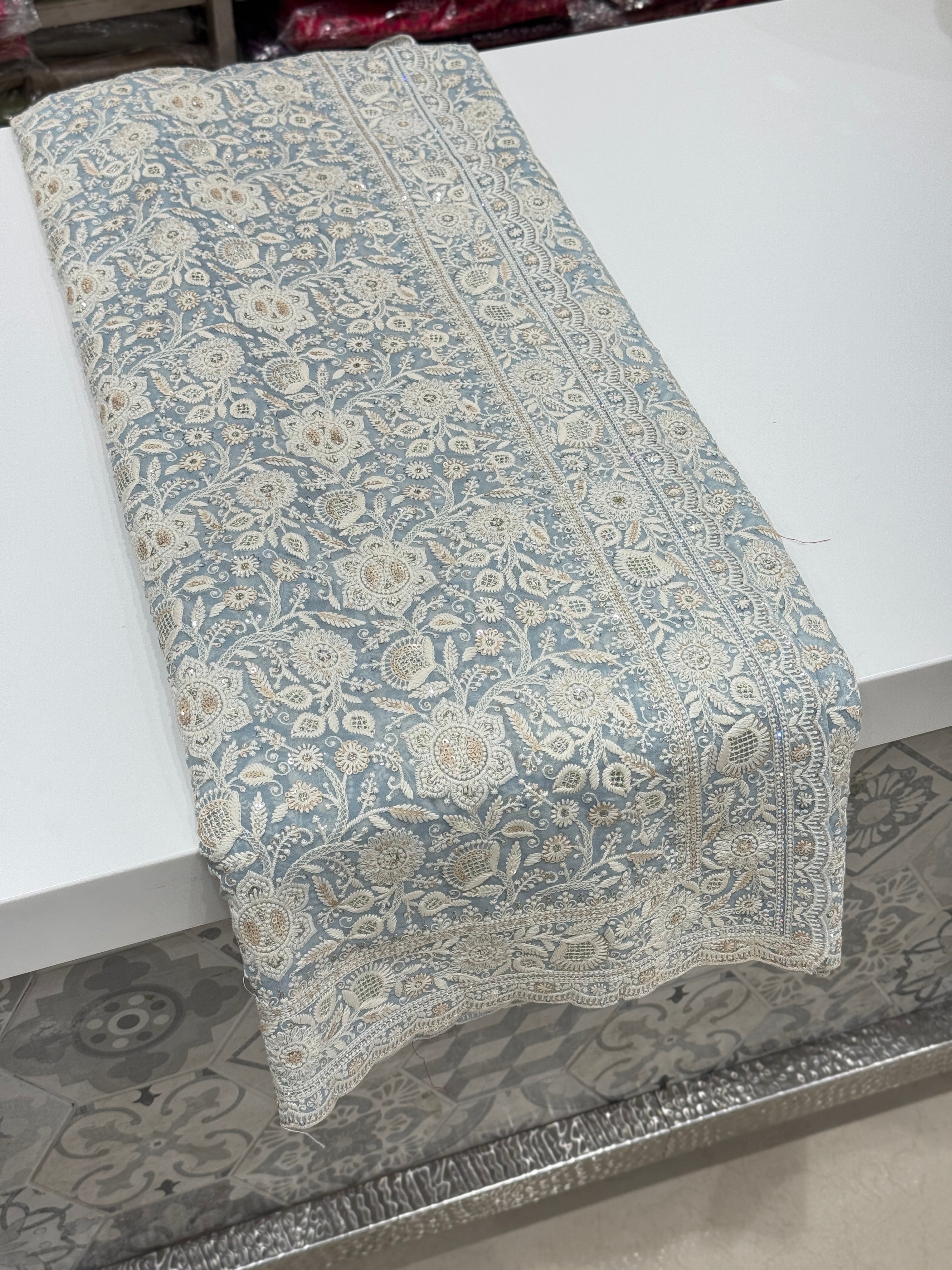 Powder Blue Chikankari Small Scallop Design Saree