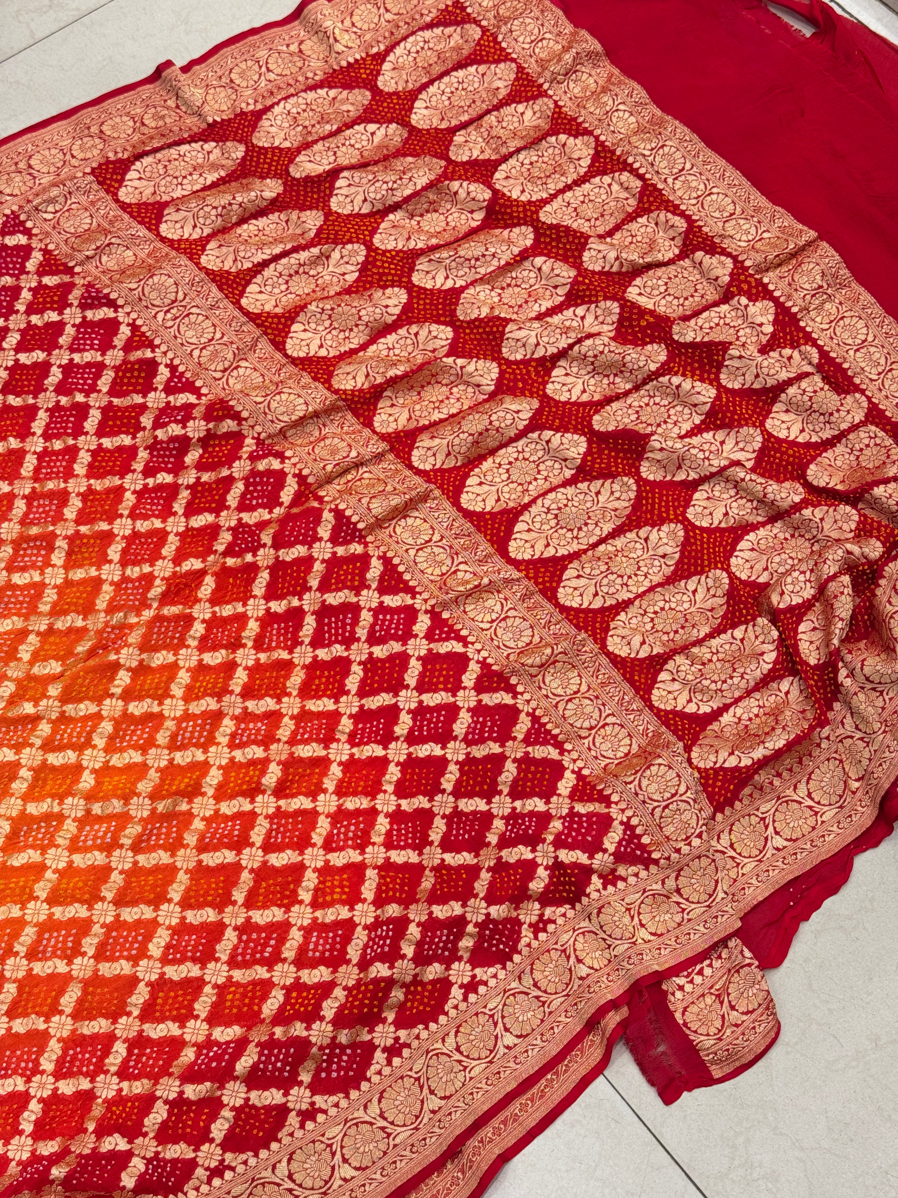 Red Orange Bandhej Bandhini Saree