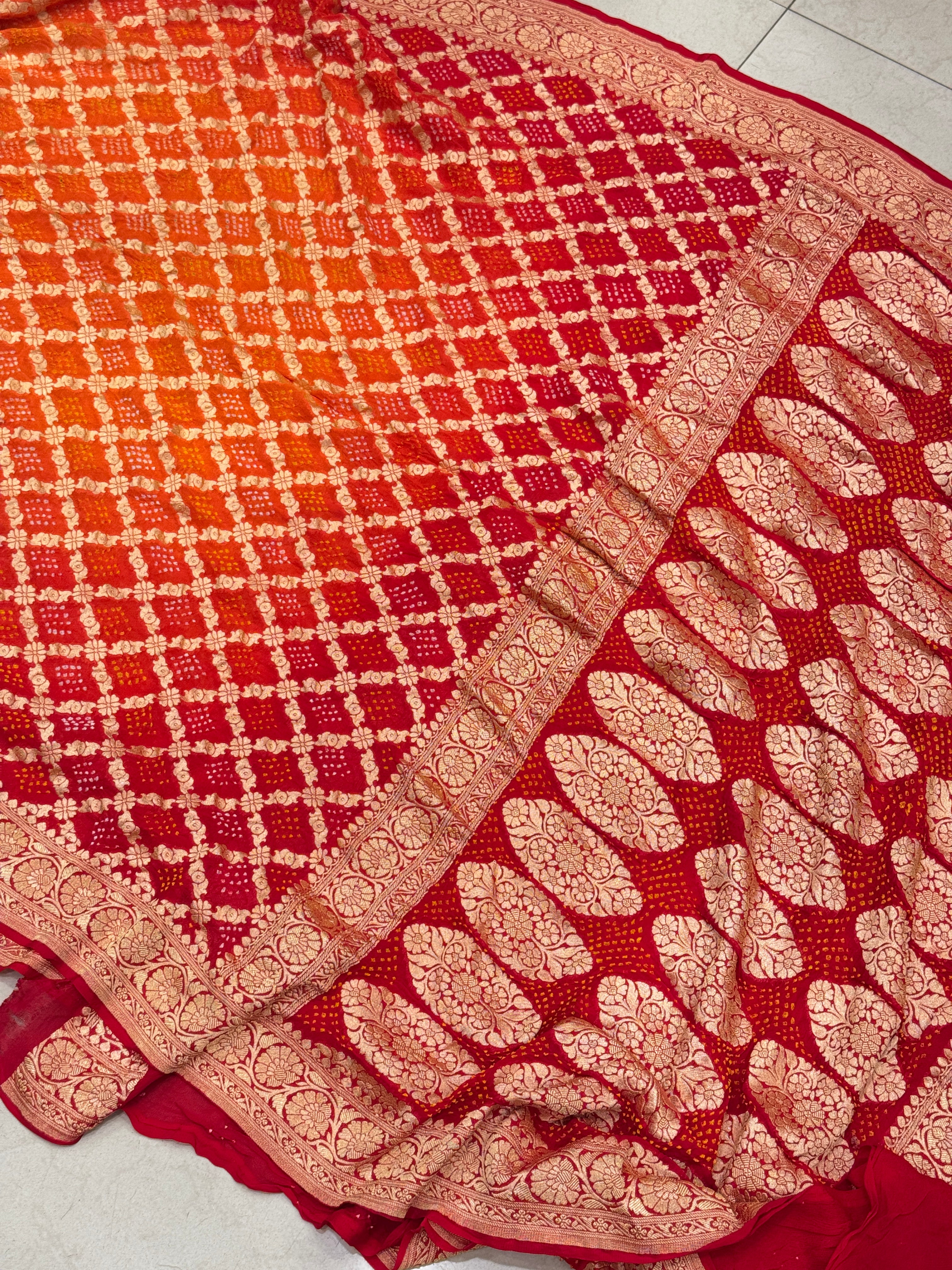 Red Orange Bandhej Bandhini Saree