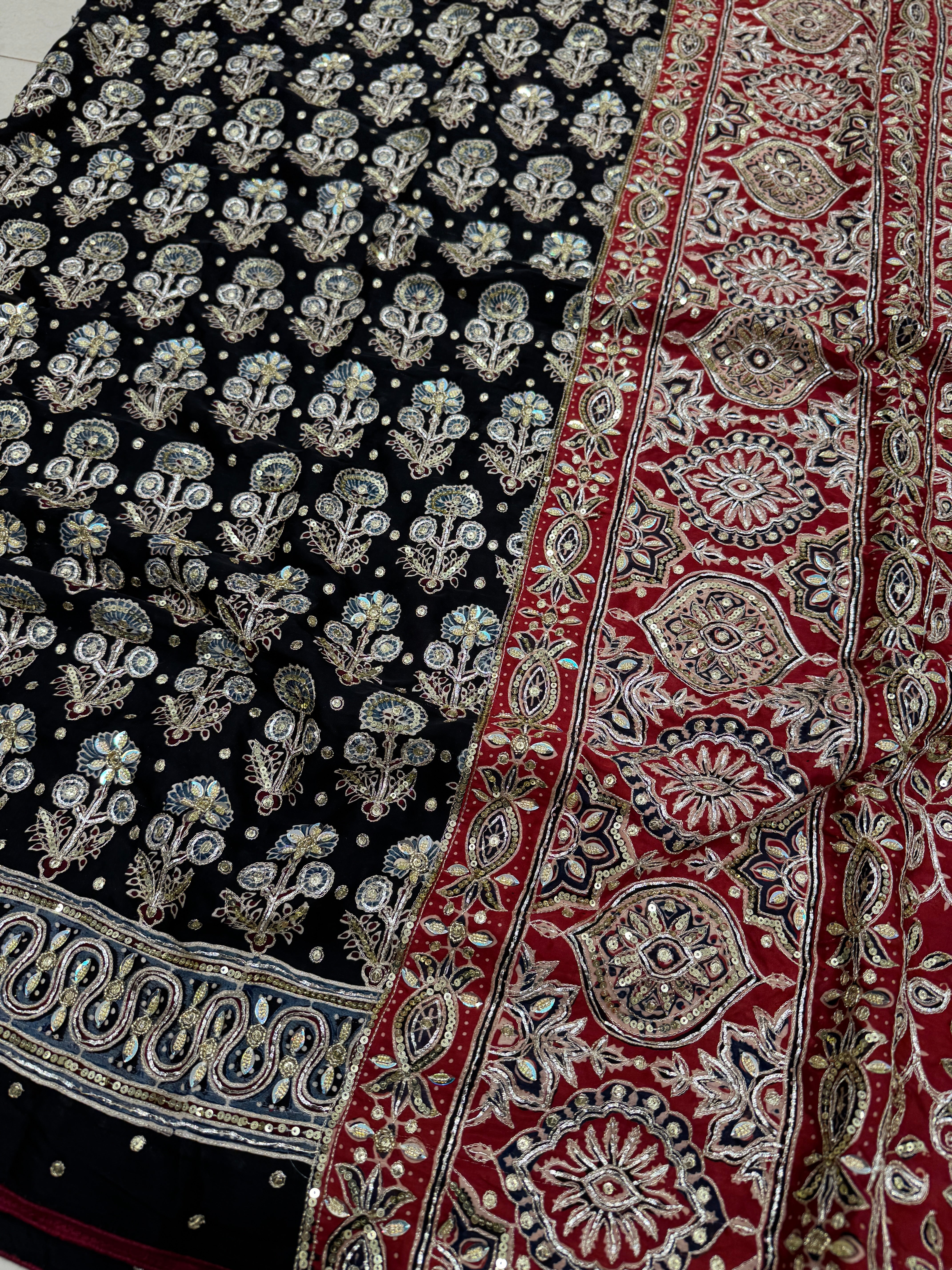 Black Floral Buttas Ajrakh Hand Embroidery Saree