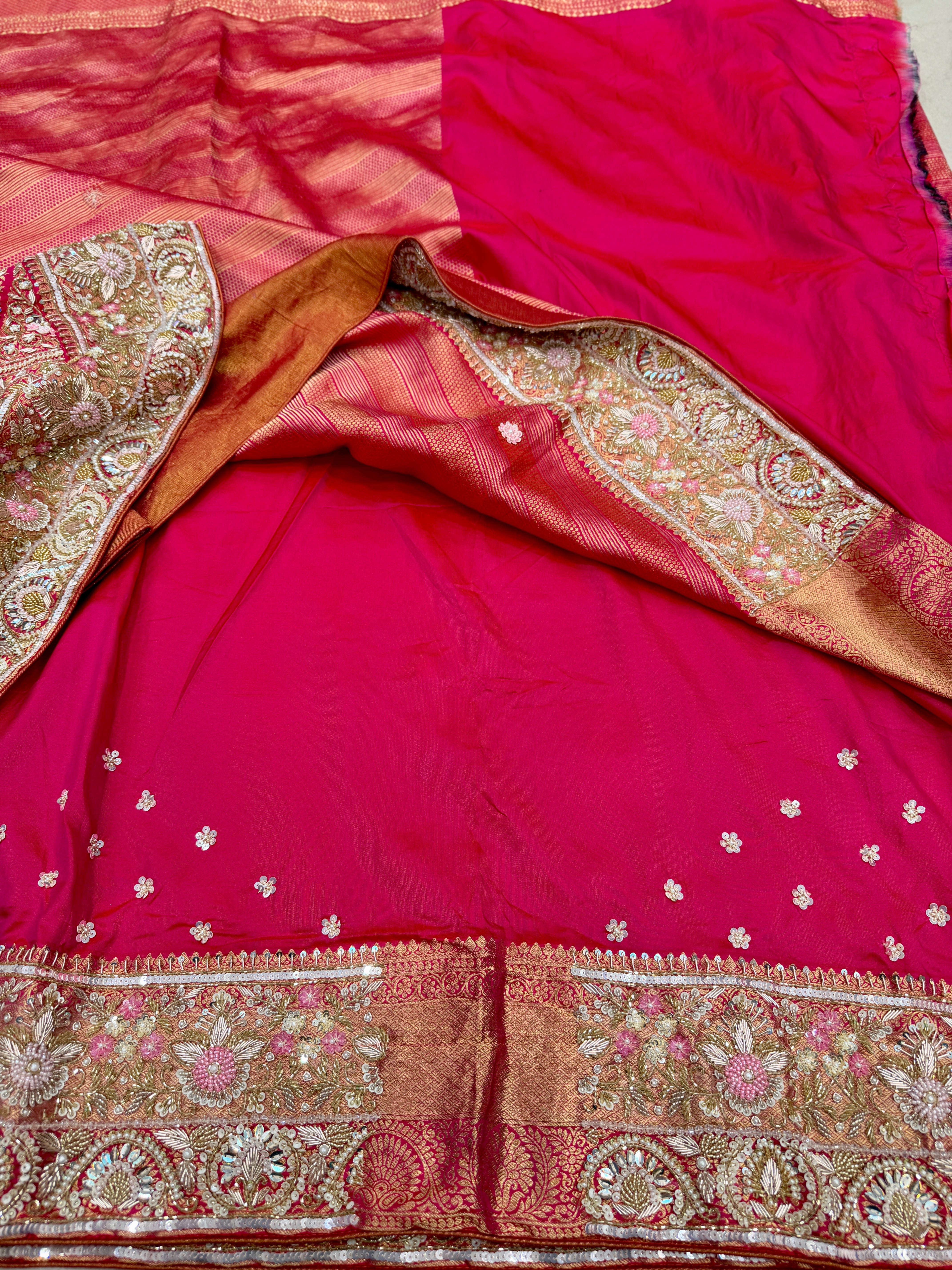 Rani Pink Kanjivaram Leheriya Weave Moti Zardosi Hand Embroidery Saree