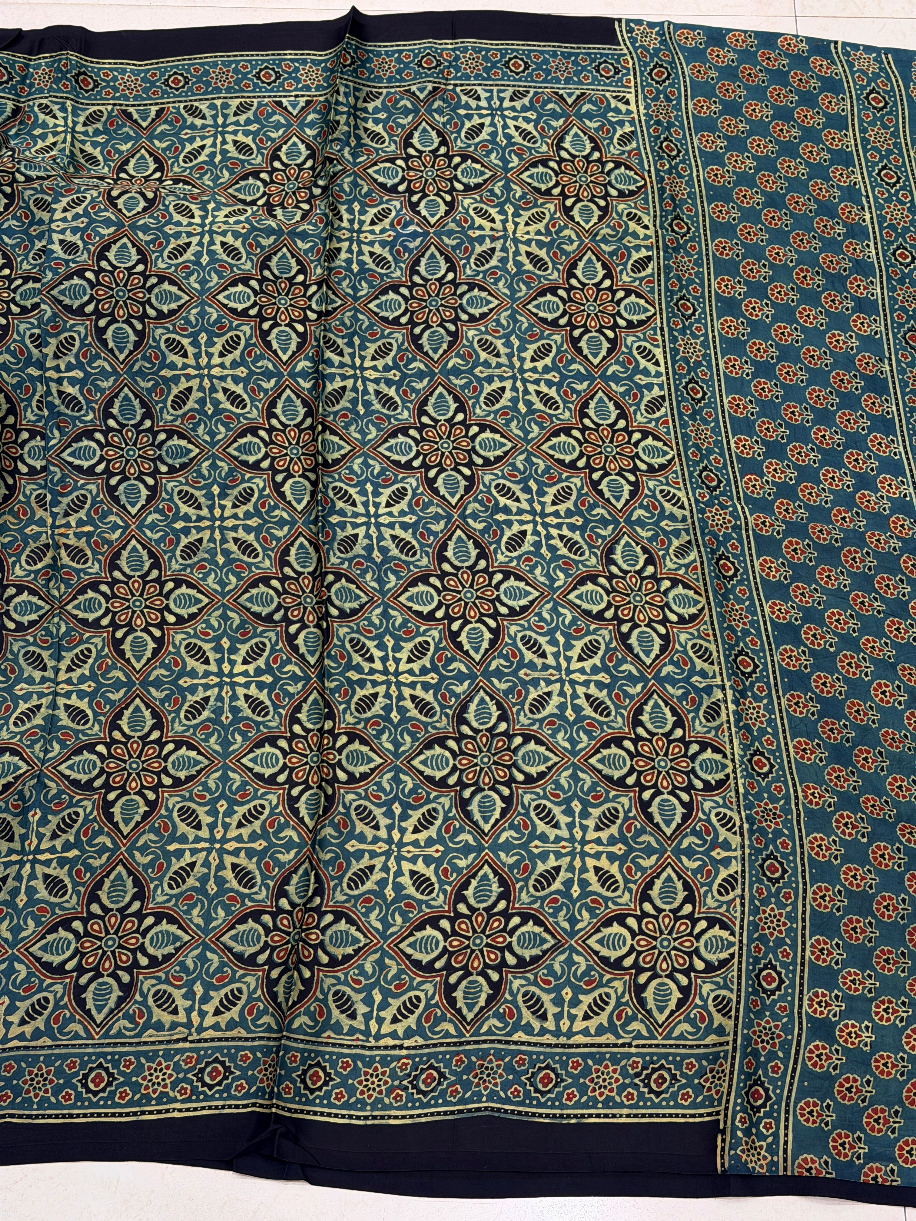 Green Elkweed Flower Buttis Ajrakh Hand Block Print Pure Modal Silk Saree