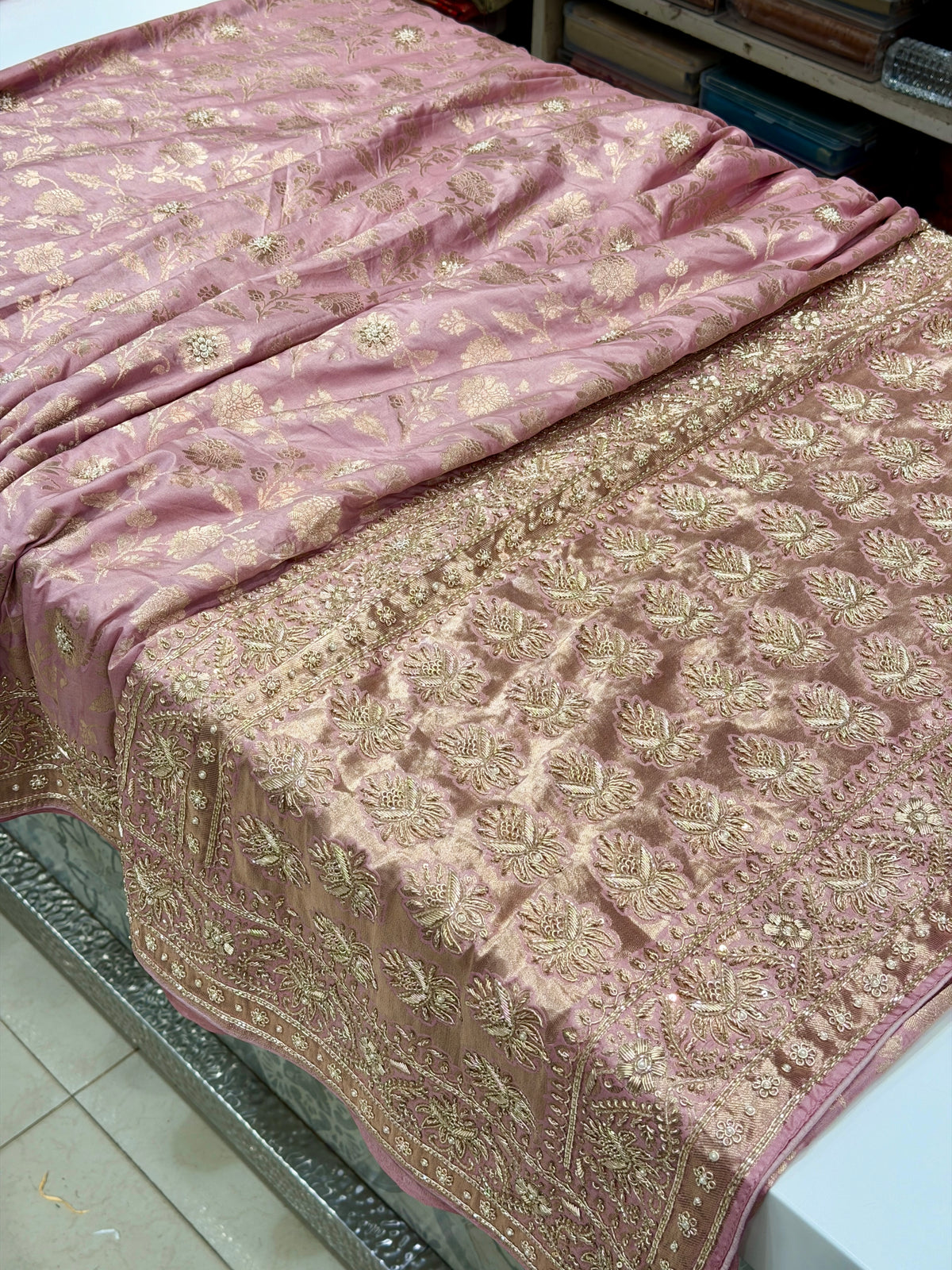 Lilac Pink Jaal Handloom Banarasi Katan Silk Zardosi Hand Embroidery Saree