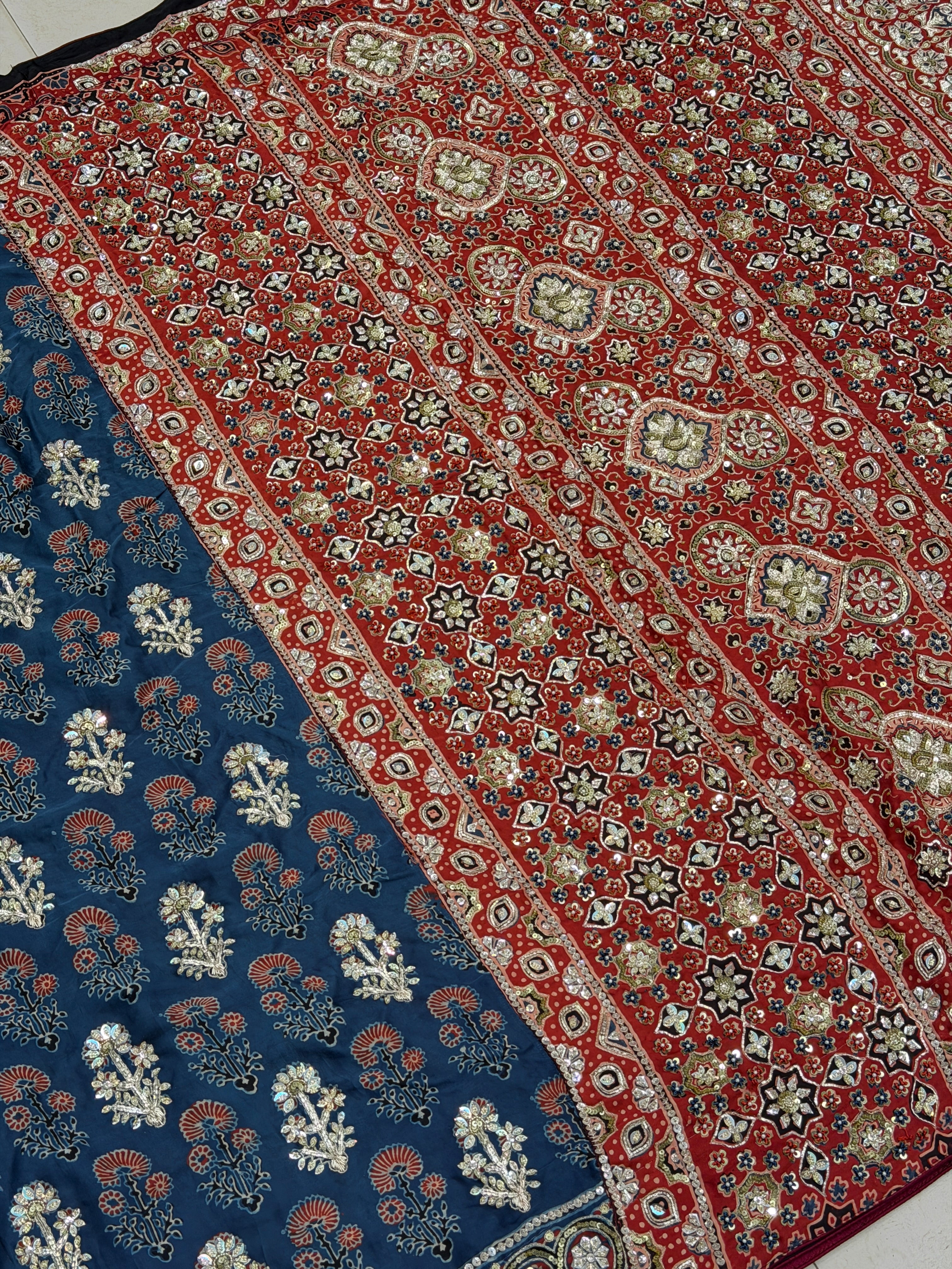 Blue Red Three Floral Butta Pita Zardosi Sequin Ajrakh Hand Embroidery Saree