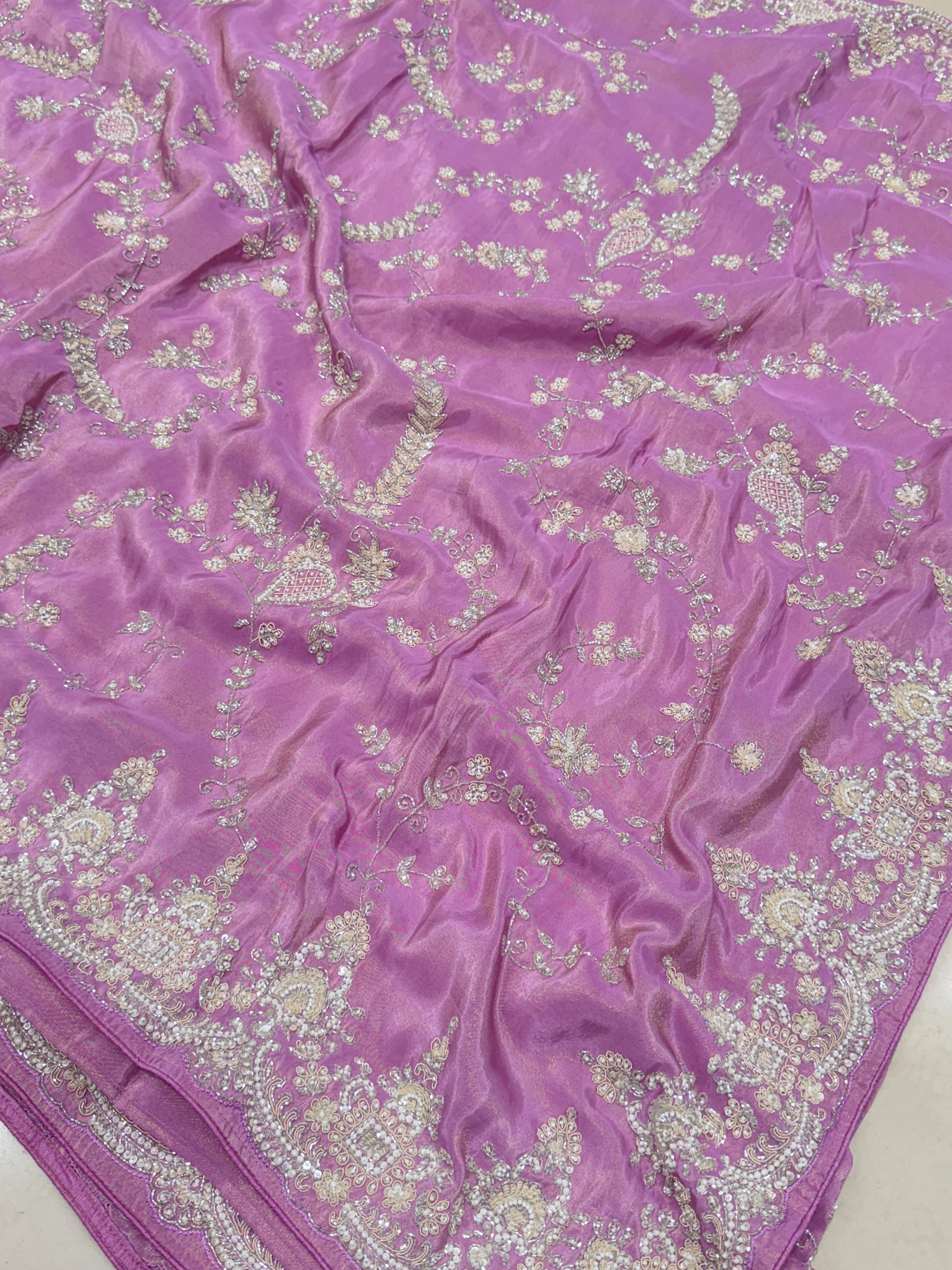 Lilac Crepe Tissue Cutana Moti Jaal Hand Embroidery Saree