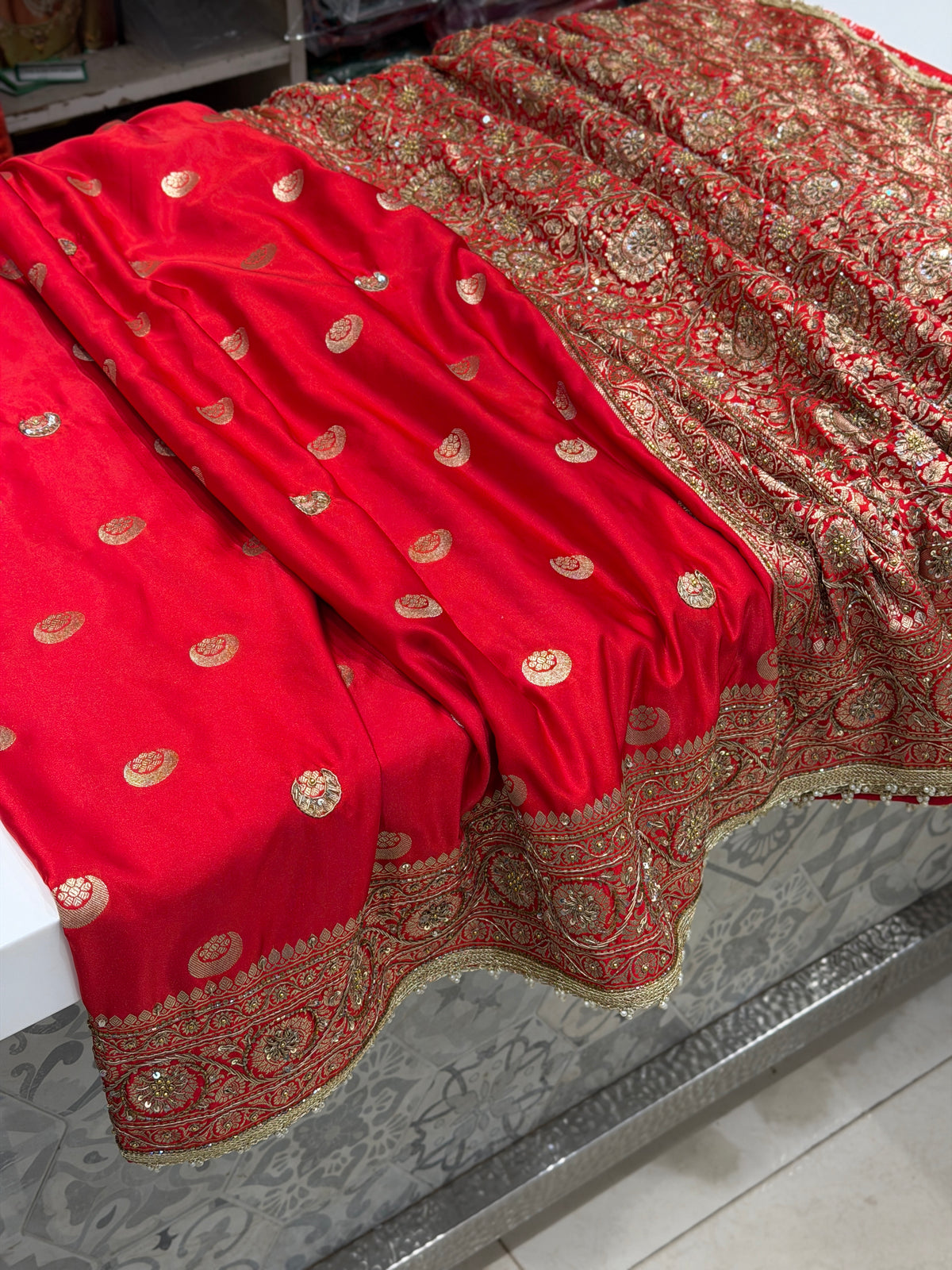 Cross Red Banarasi Chand Buttis Antique Zardosi Hand Embroidery Saree