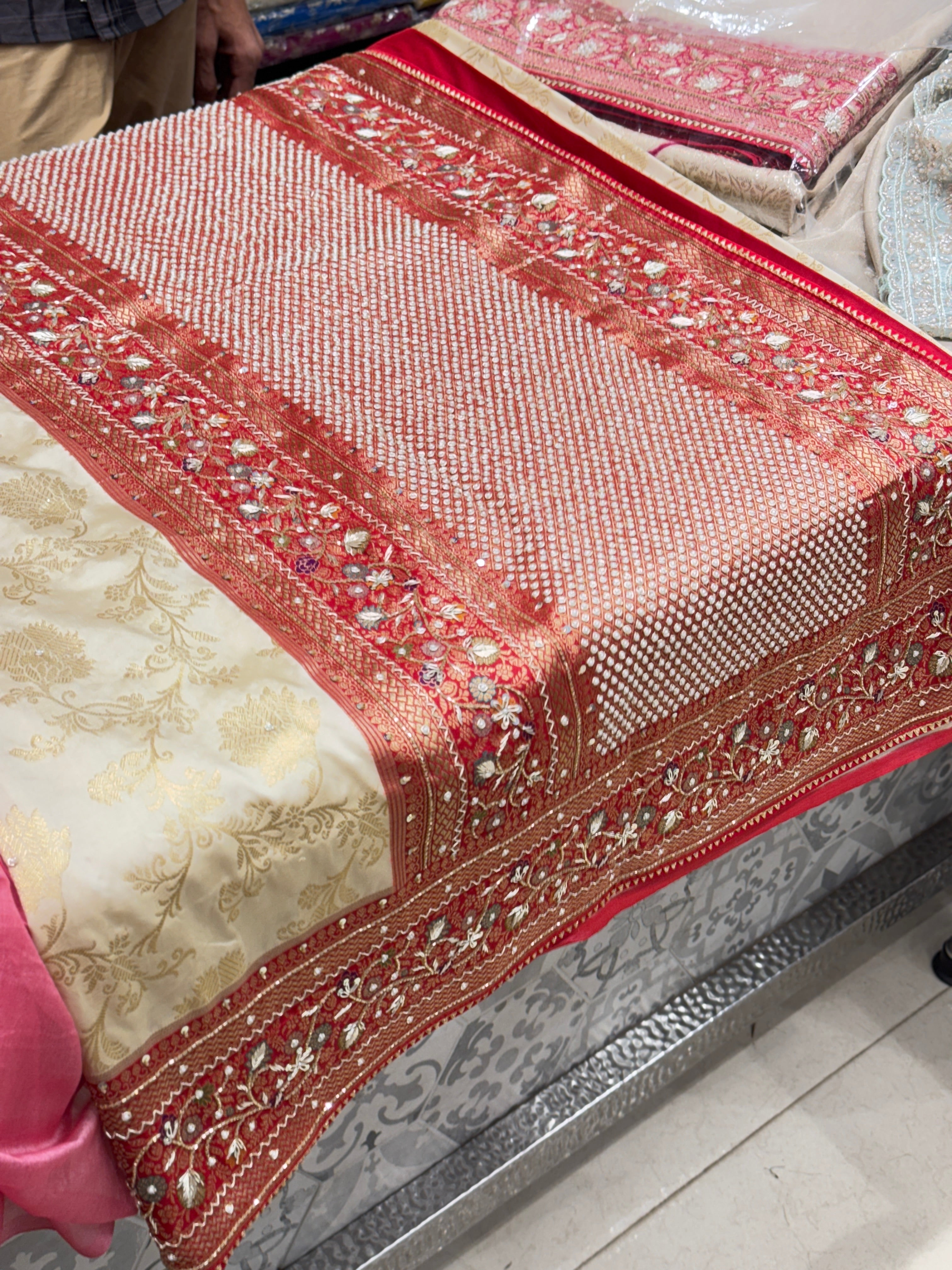 Beige Red Banarasi Border Hand Embroidery Saree