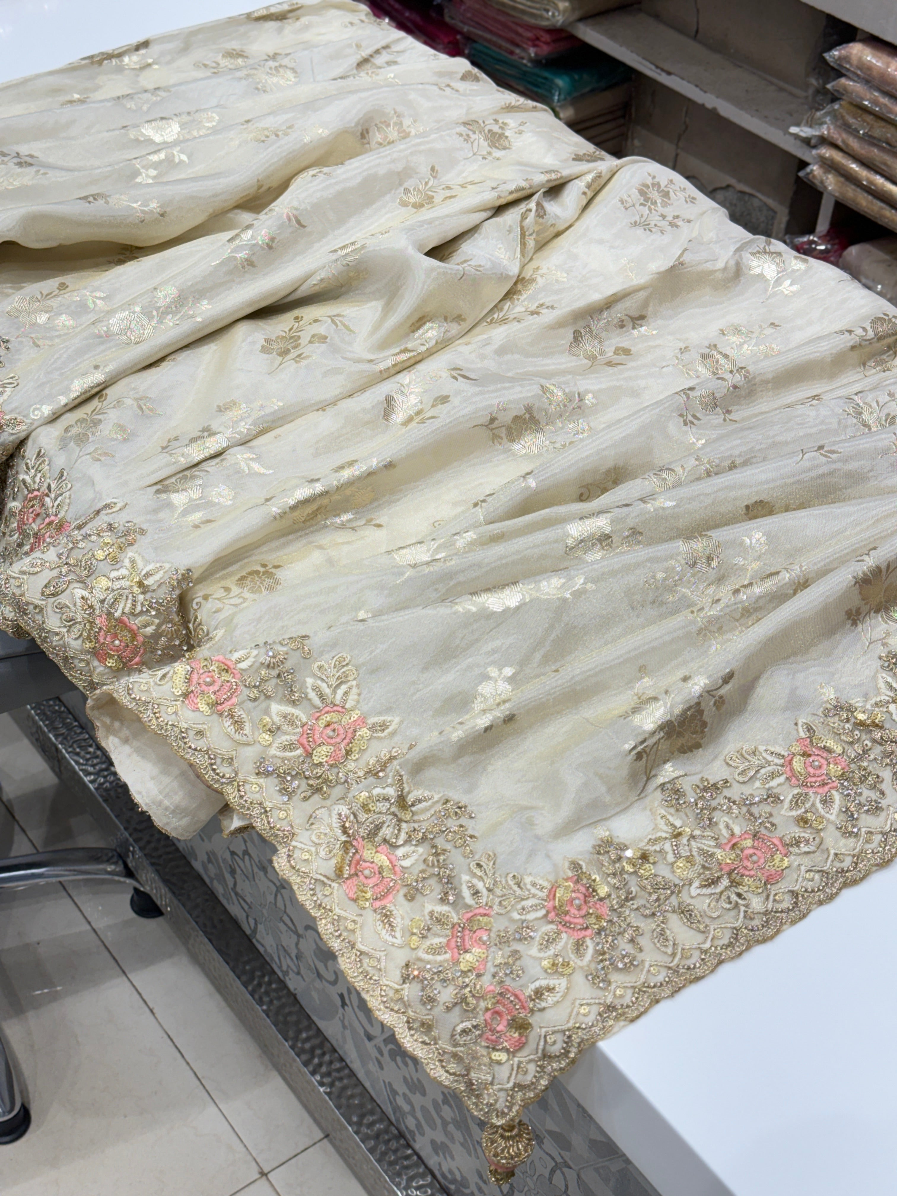 Beige Crepe Tissue Embroidery With Contrast Blouse Saree
