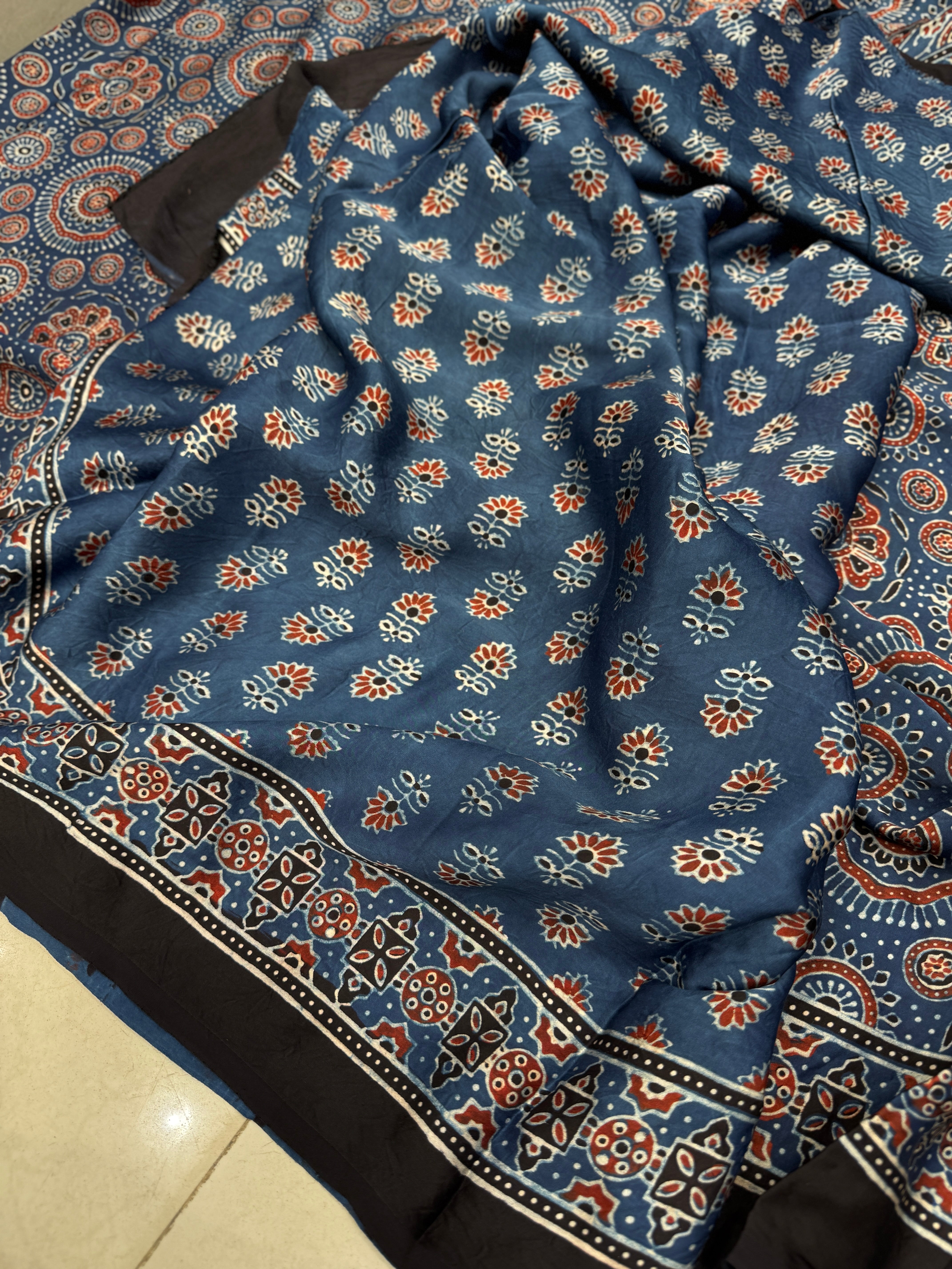 Blue Jewelled Jaal Ajrakh Modal Gajji Silk Saree