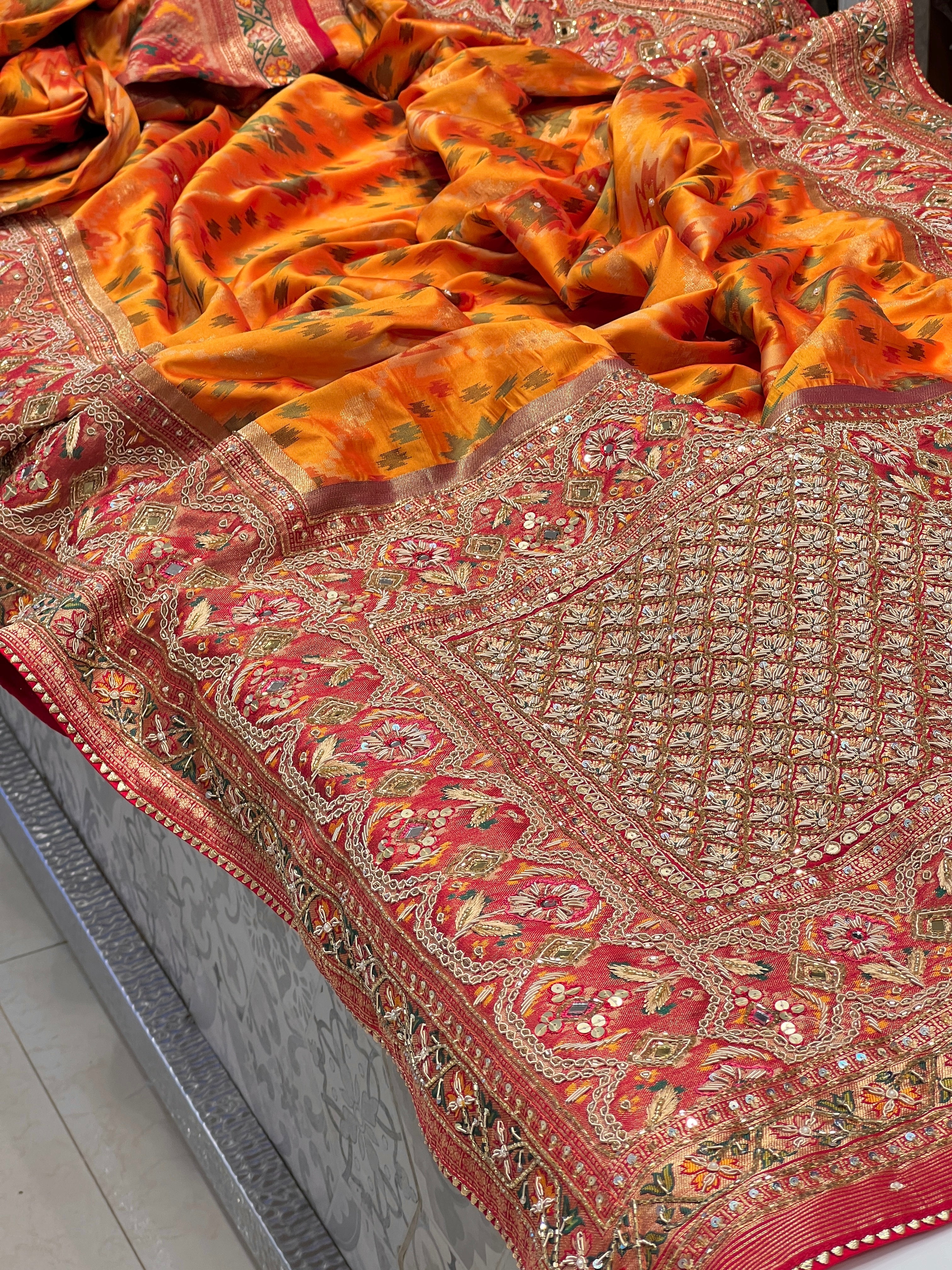 Orange Patola Zardosi Hand Embroidery Saree