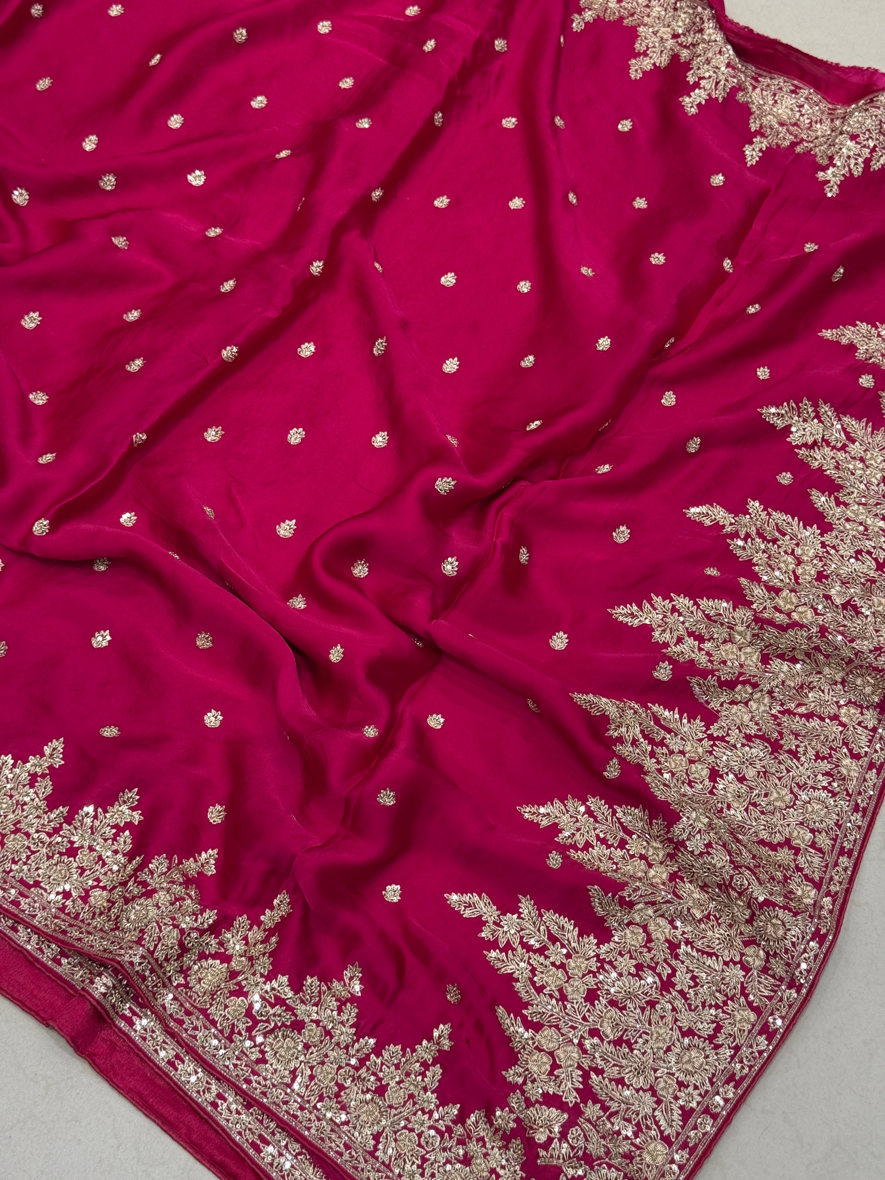Rani Pink Small Buttis Satin Hand Embroidery Zardosi Saree