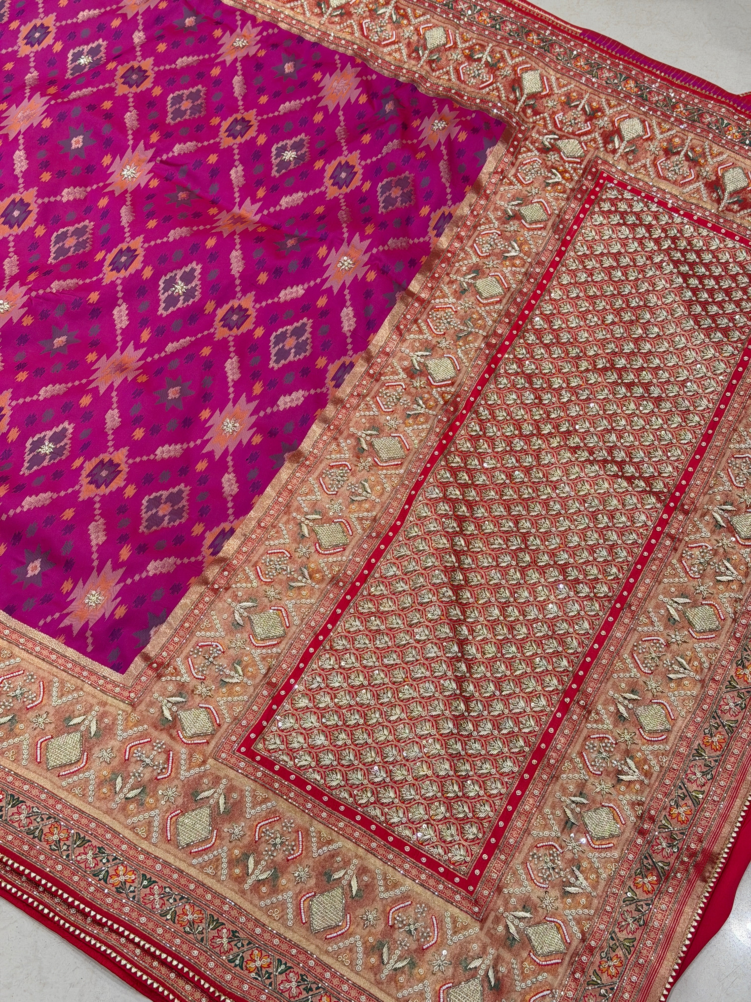Wine Banarasi Ikat Patola Zardosi Hand Embroidery Saree