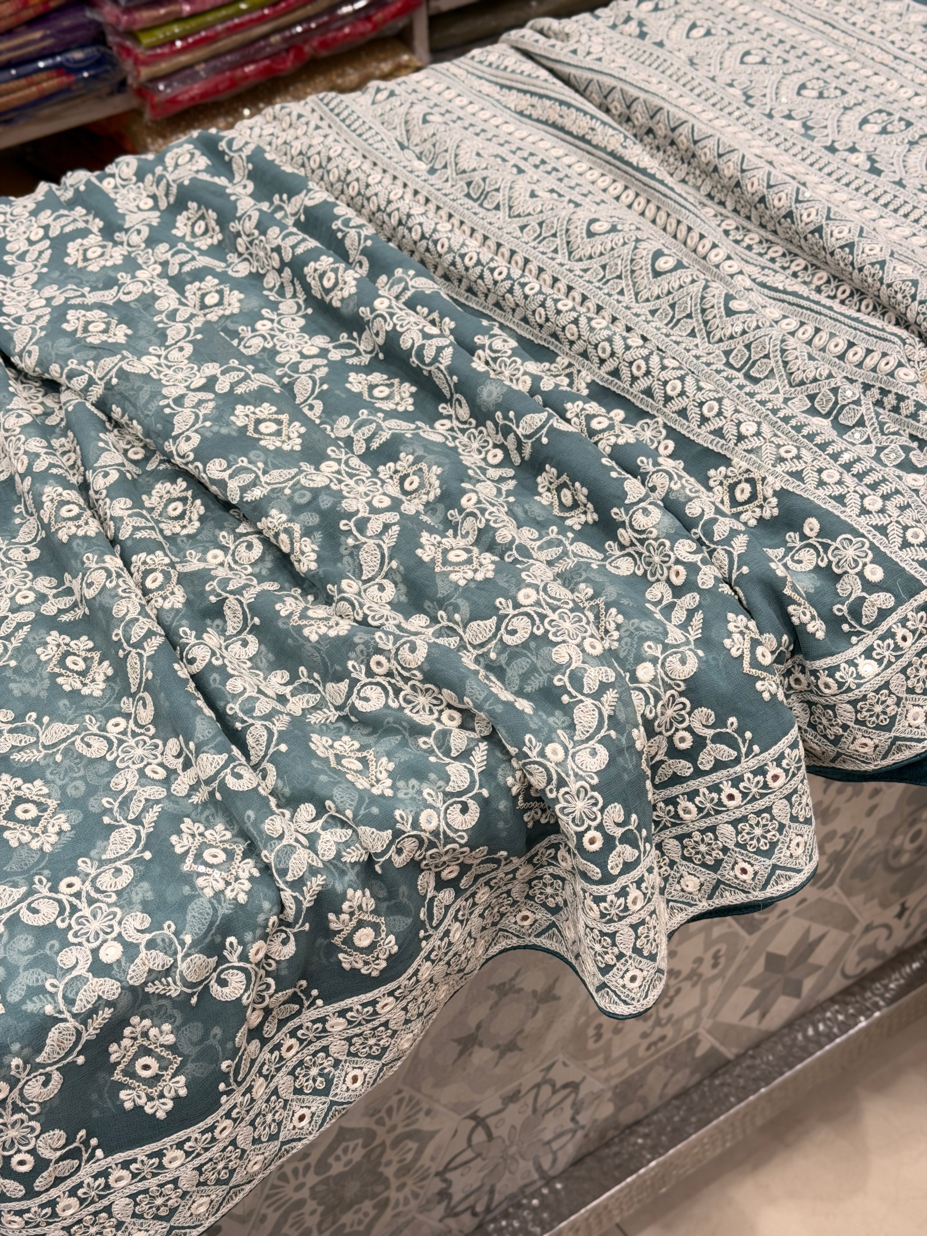 Mint Green Chikankari Jaal Georgette Resham Embroidery Saree