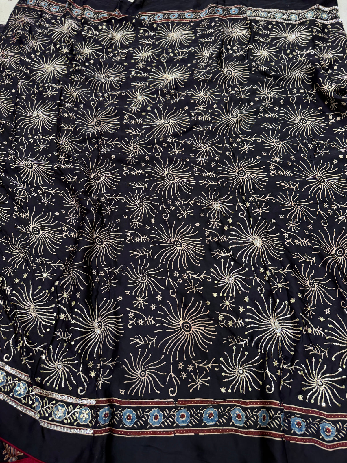 Black Buttas Pita Zardosi Sequin Ajrakh Hand Embroidery Saree