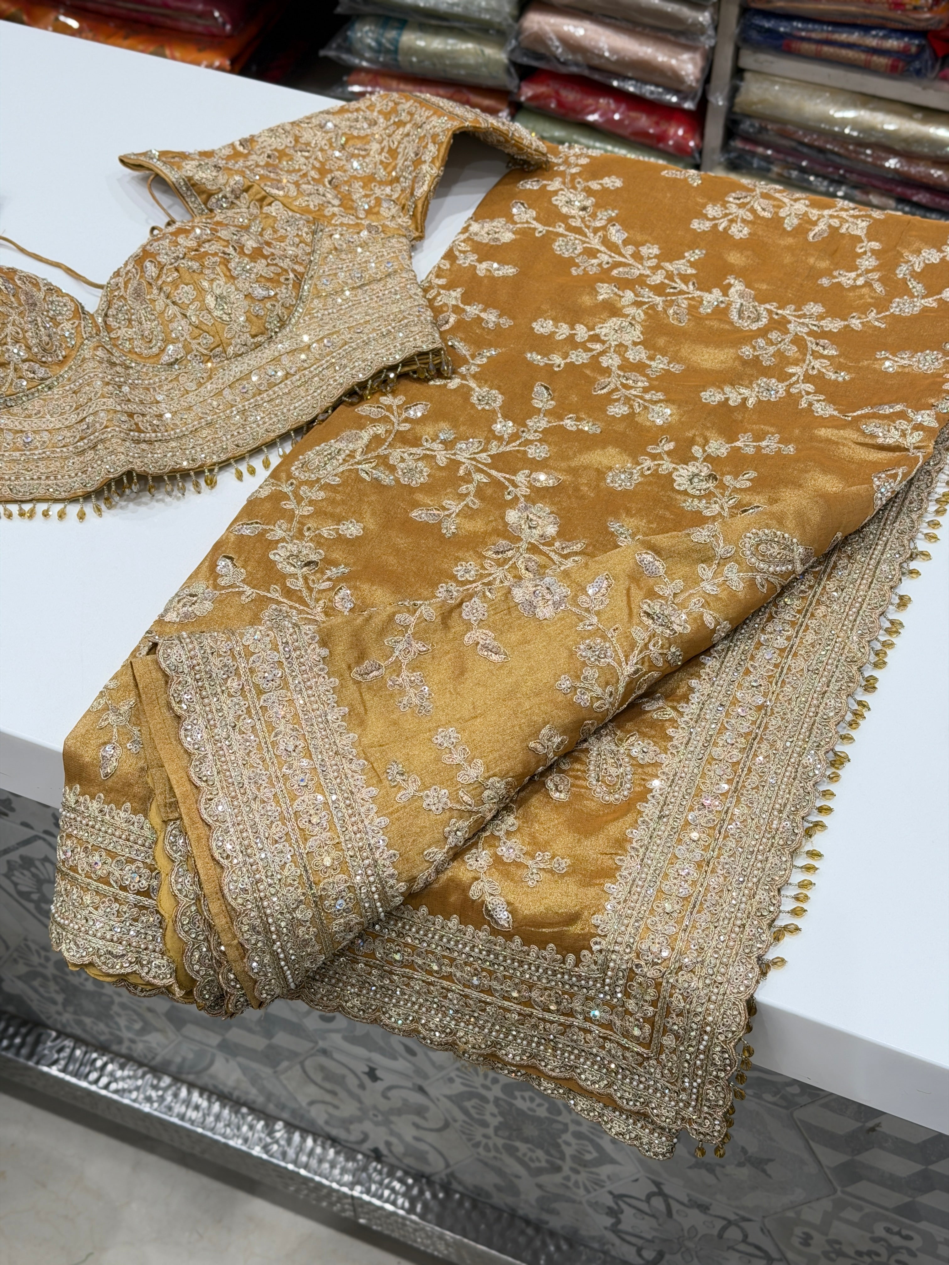 Yellow Tissue Embroidery Jaal Ready Blouse Saree