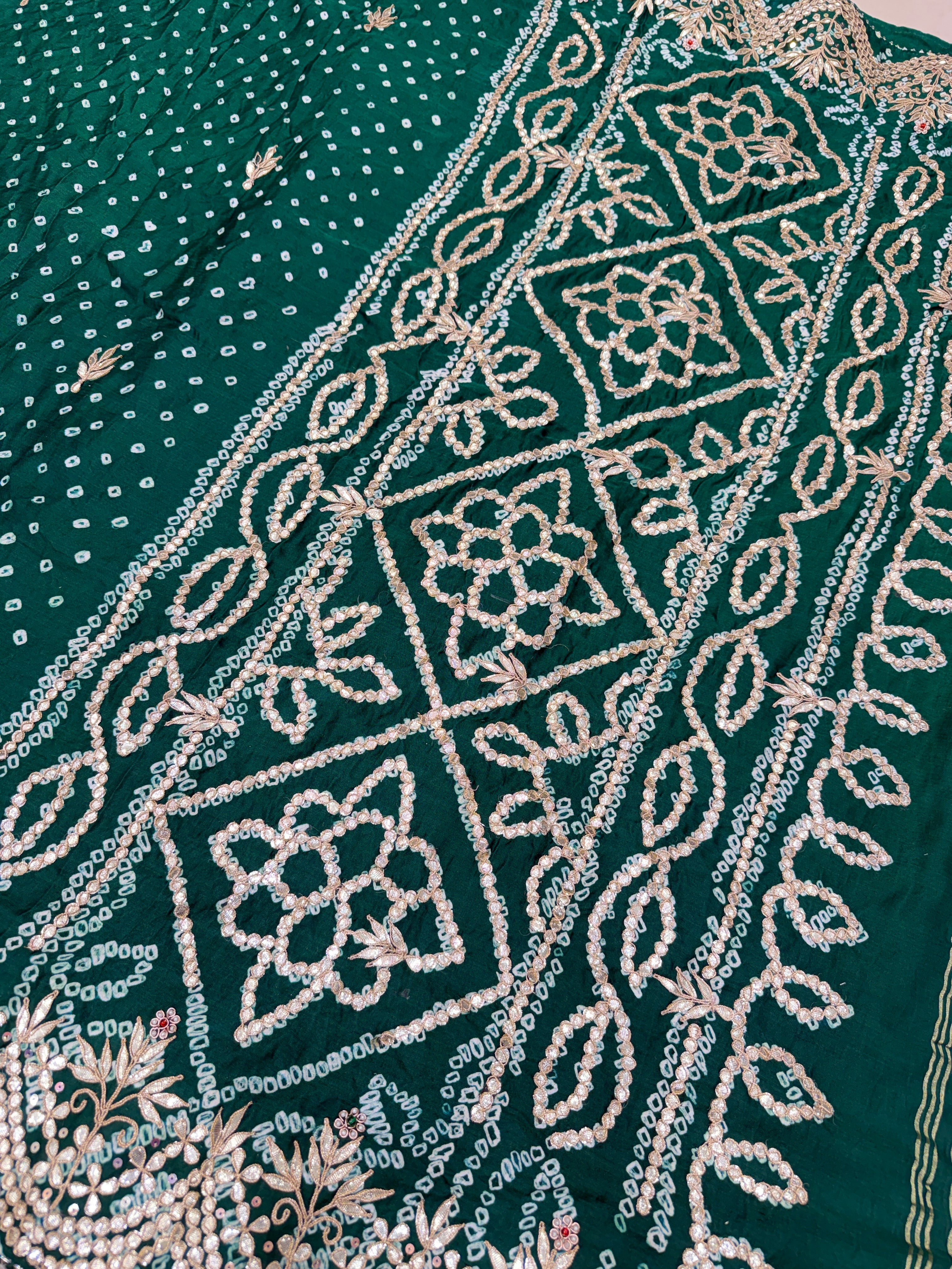 Bottle Green Gajji Silk Bandhej Gotapatti Hand Embroidery Saree