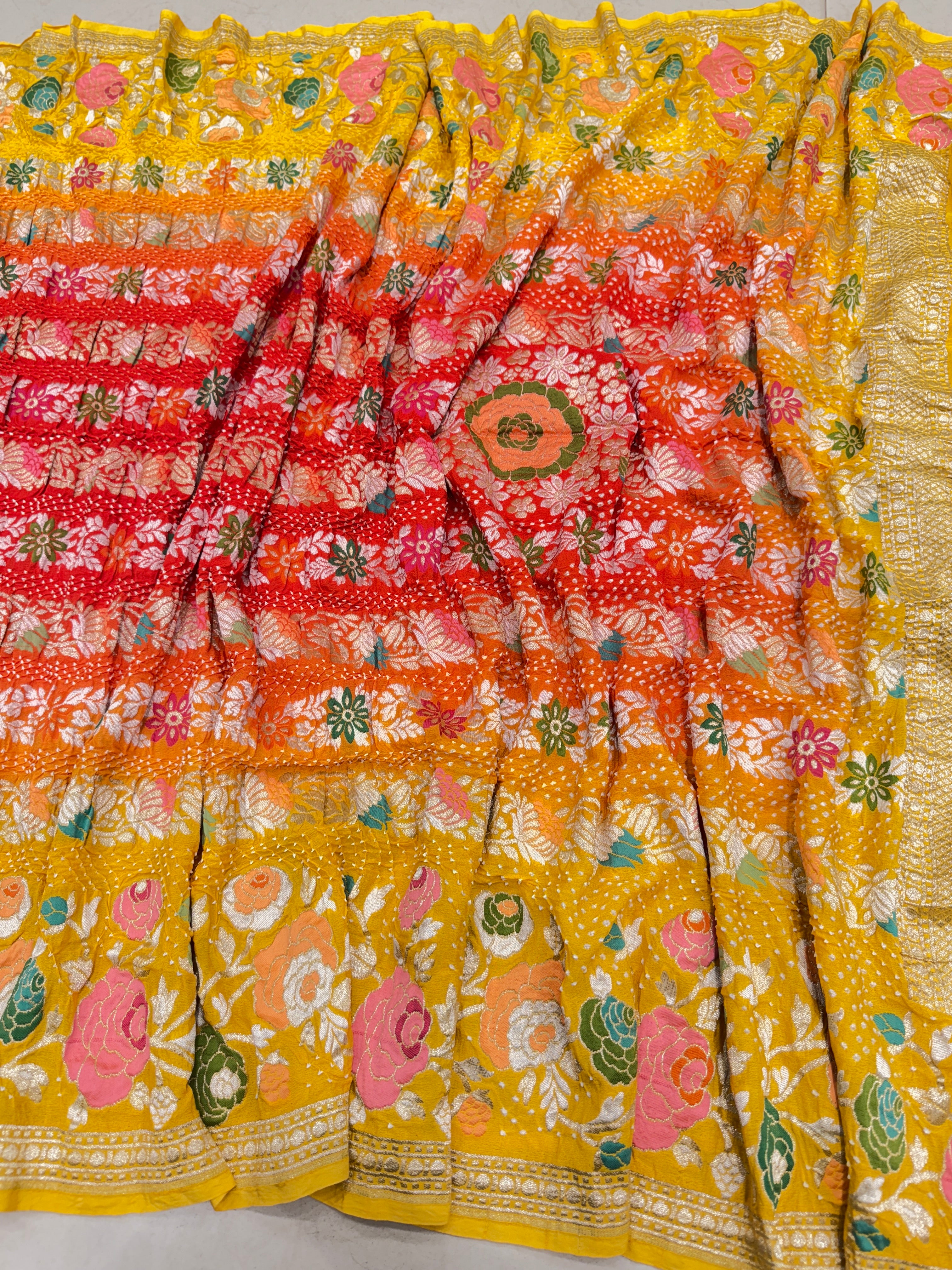 Yellow Red Shaded Floral Meenakari Rai Bandhej Georgette Bandhini Saree
