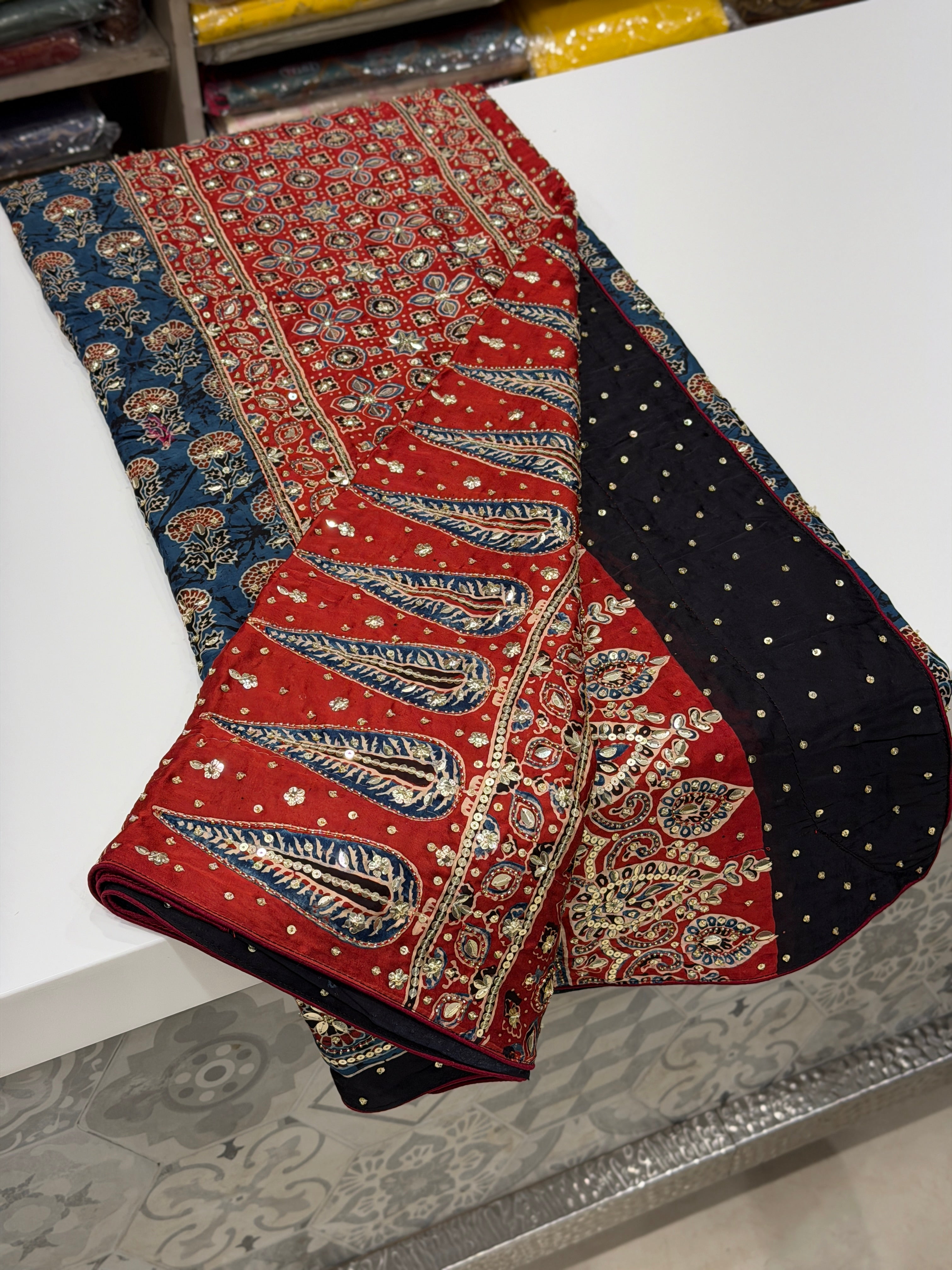 Blue Red Buttas Ajrakh Sequin Moti Hand Embroidery Saree