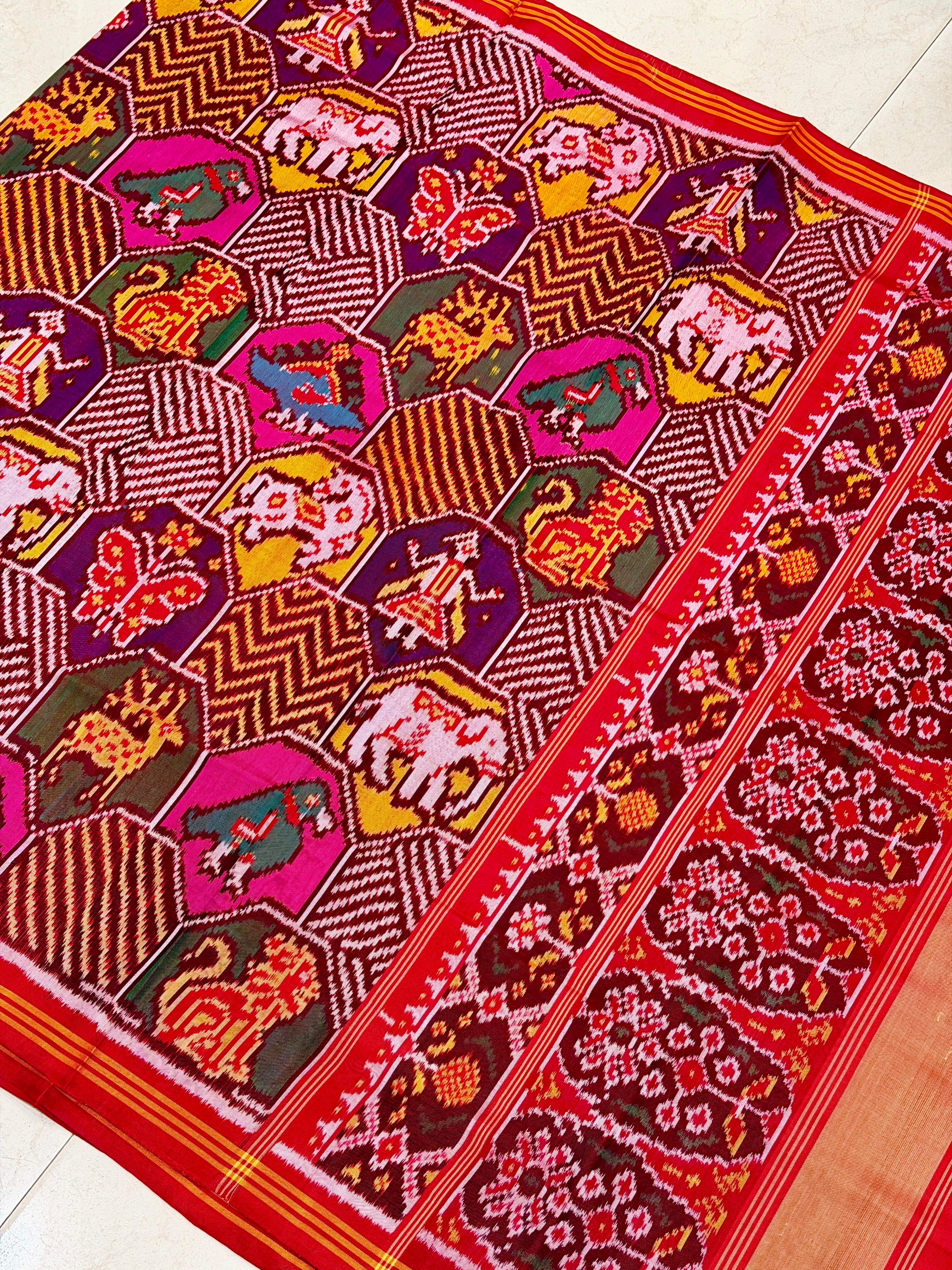 Rani Contemporary Elephant Motifs Pure Silk Handloom Patola Saree