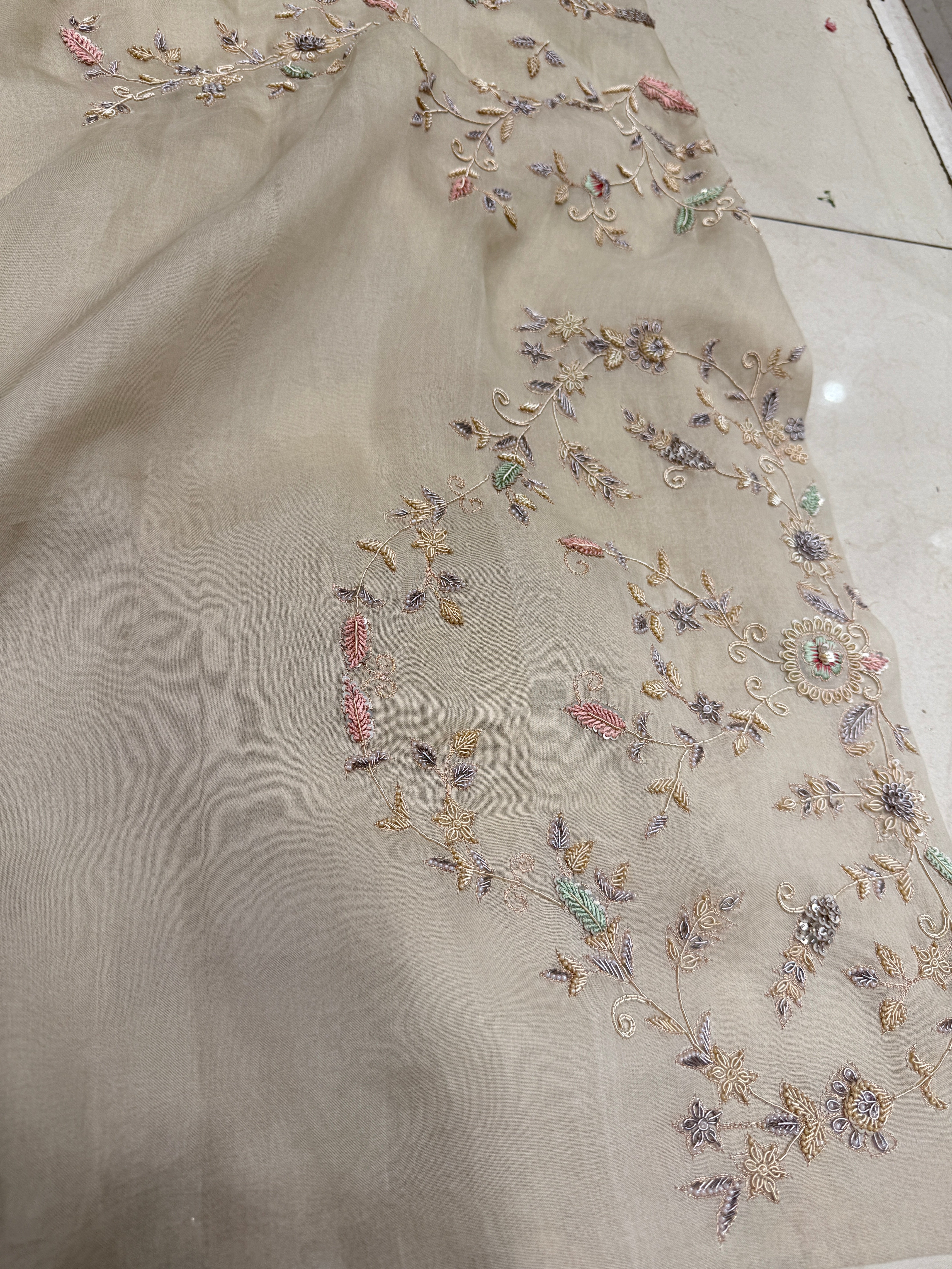 Pearl white Organza Zardosi Jaal Hand Embroidery Saree