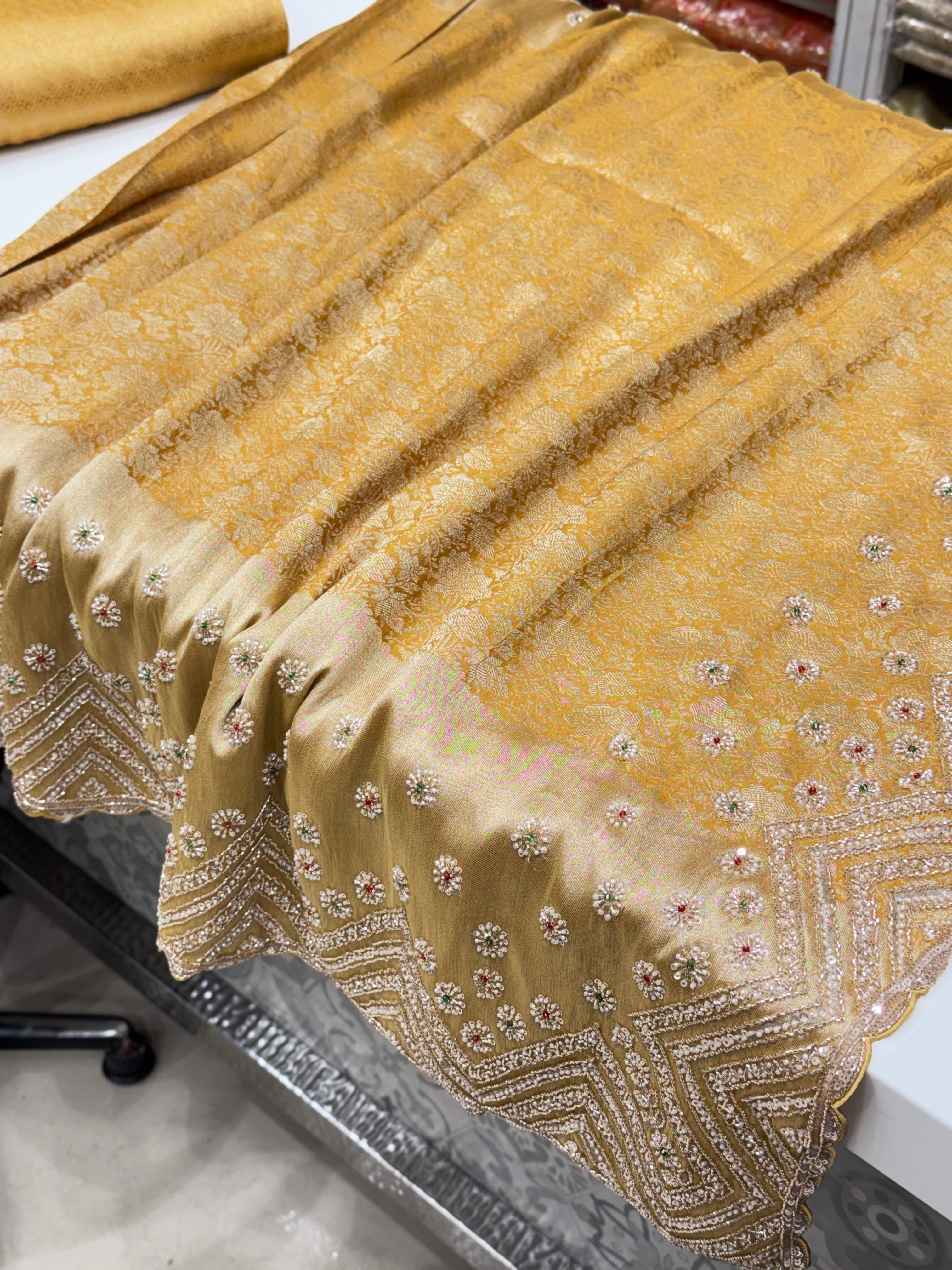 Yellow Floral Weave Soft Silk Moti Crystal Embroidery Saree