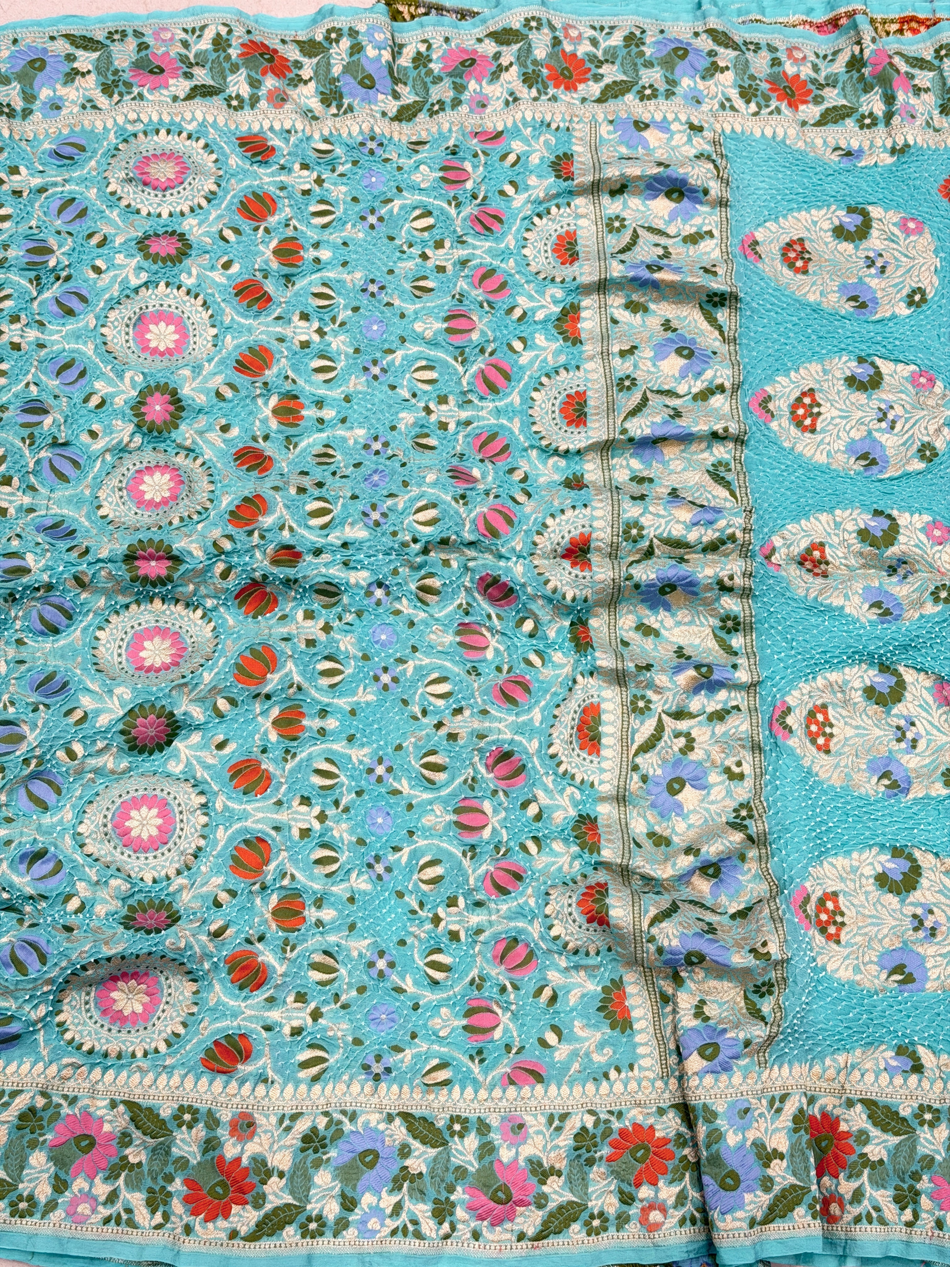 Turquoise Meenakari Jaal Pure Handloom Georgette Bandhej Georgette Saree