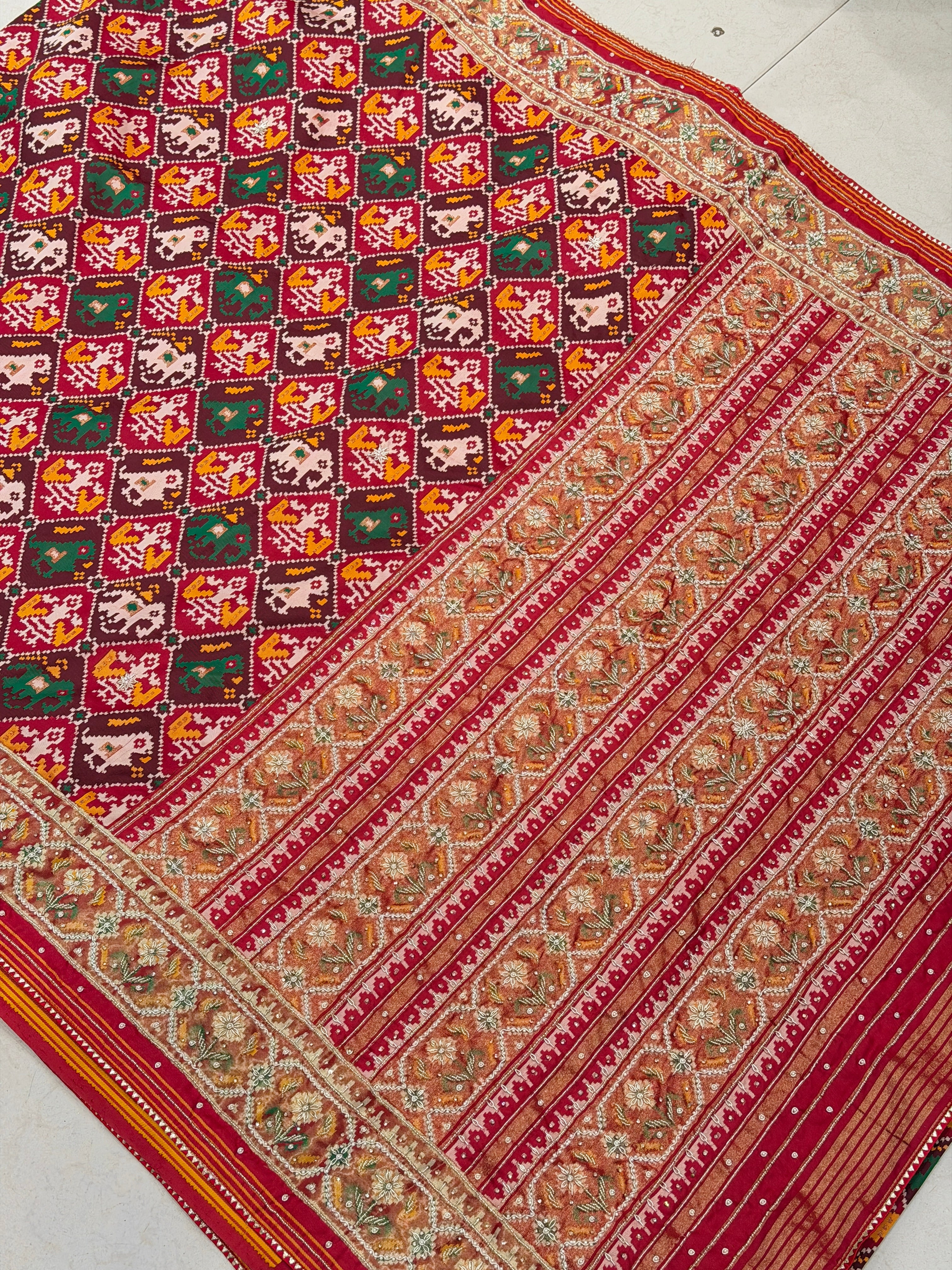 Maroon Patola Check Hand Embroidery Saree