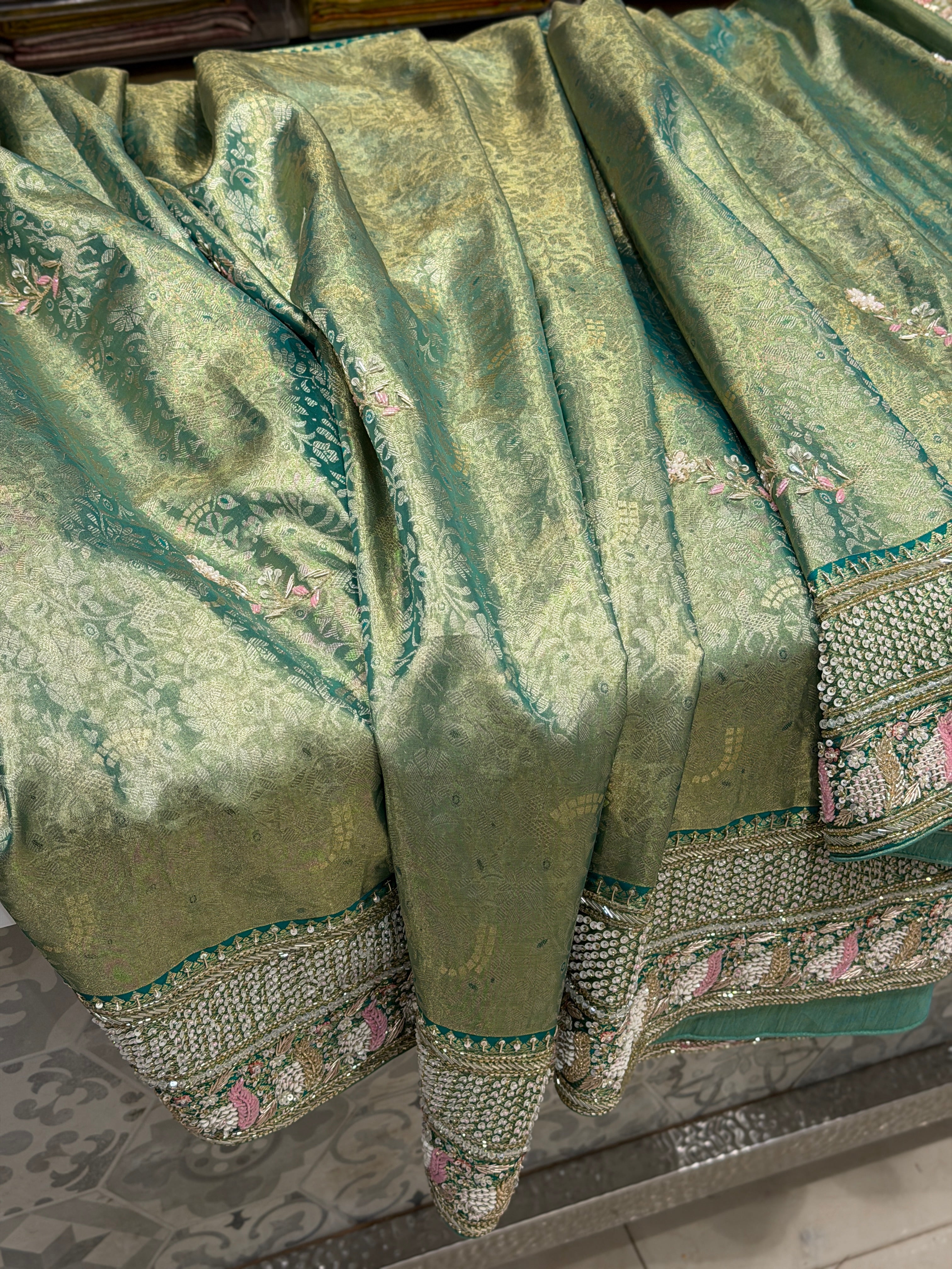 Pista Green Floral Tissue Kanjivaram Hand Embroidery Saree