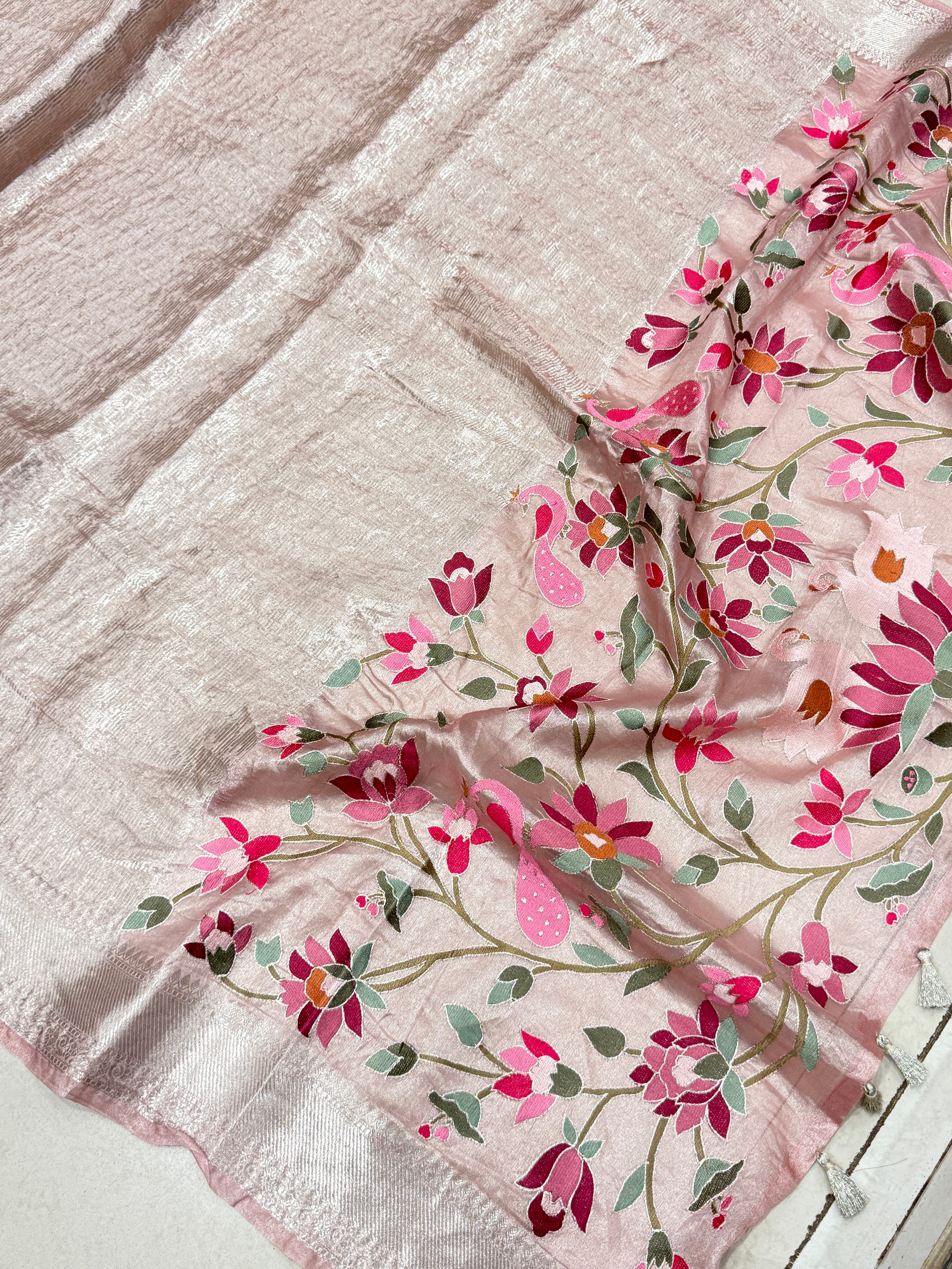Nude Pink Silver Handloom Tissue Peacock Contemporary Resham Embroidery Saree