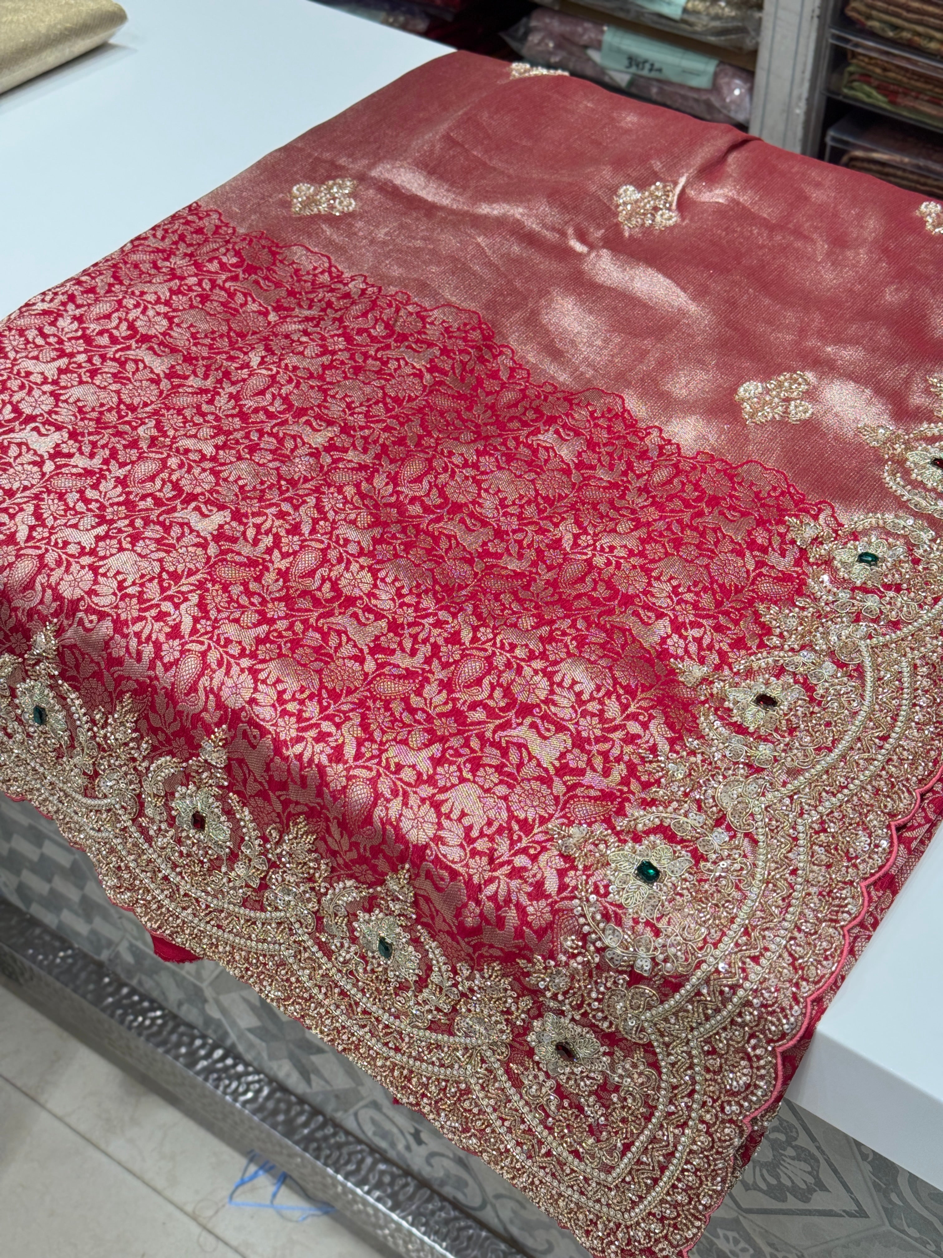 Red Shikara Munga Tissue Embroidery Saree