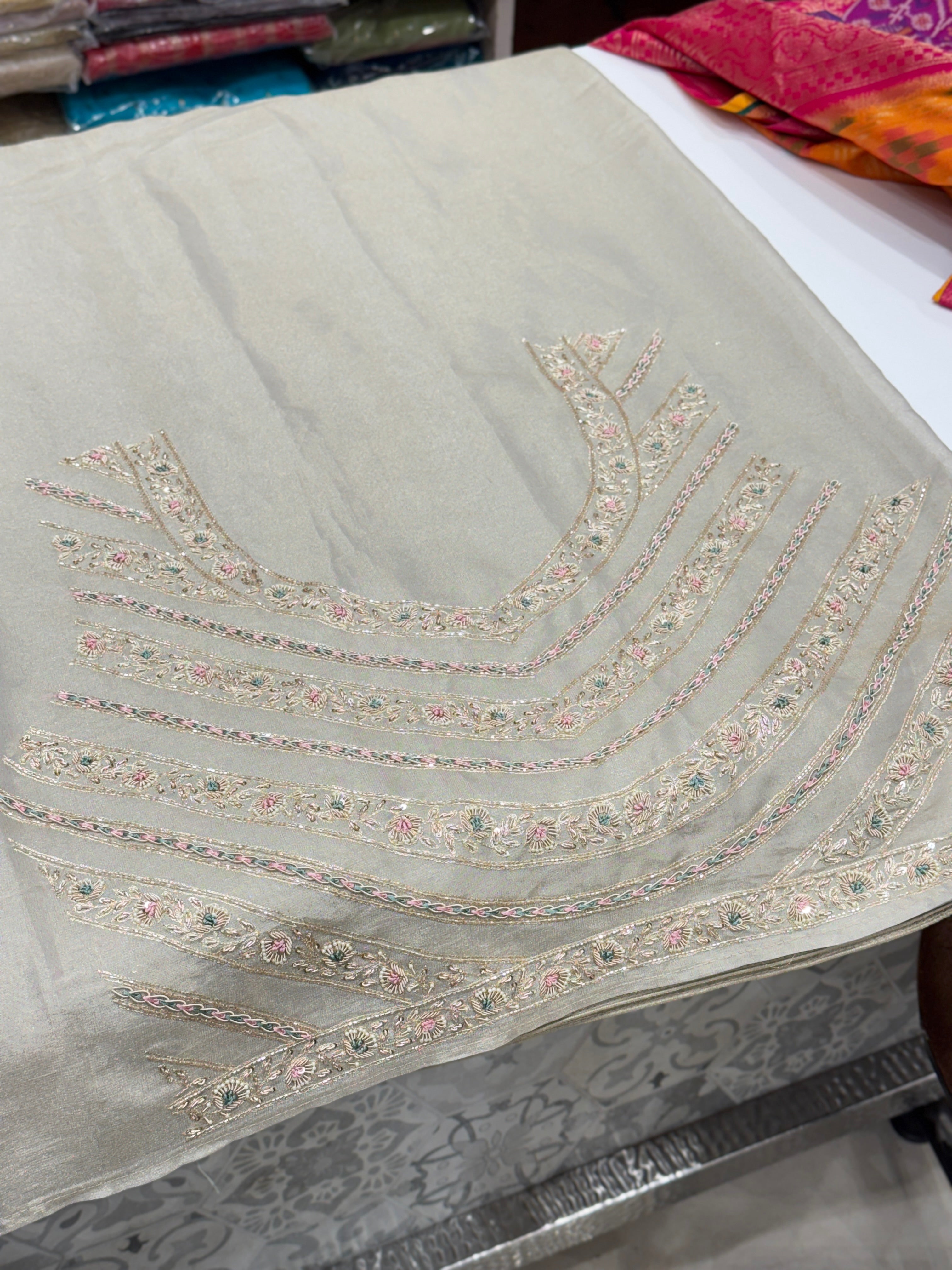 Silver Tissue Saree Zardosi Jaal Hand Embroidery Contrast Blouse