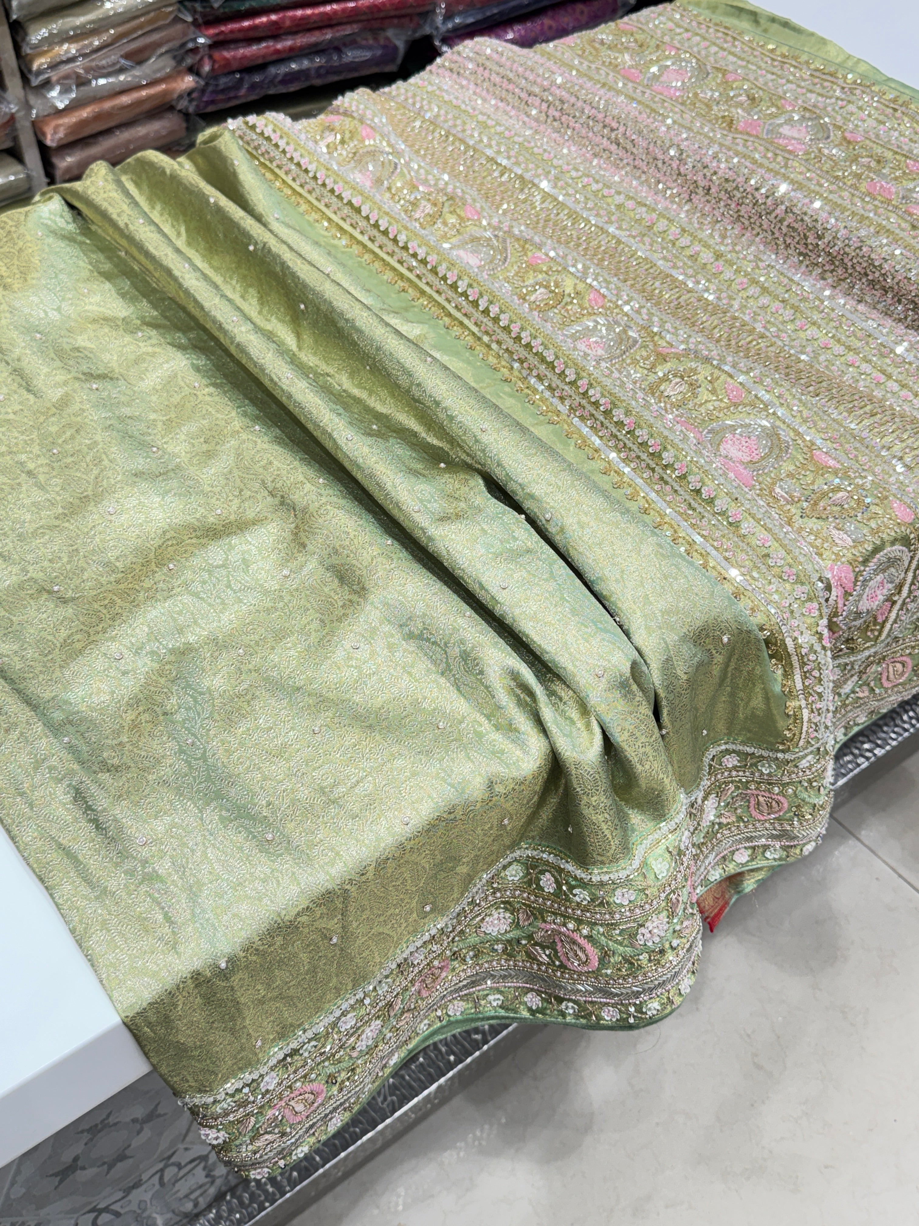 Pista Green Tissue Kanjivaram Hand Embroidery Saree