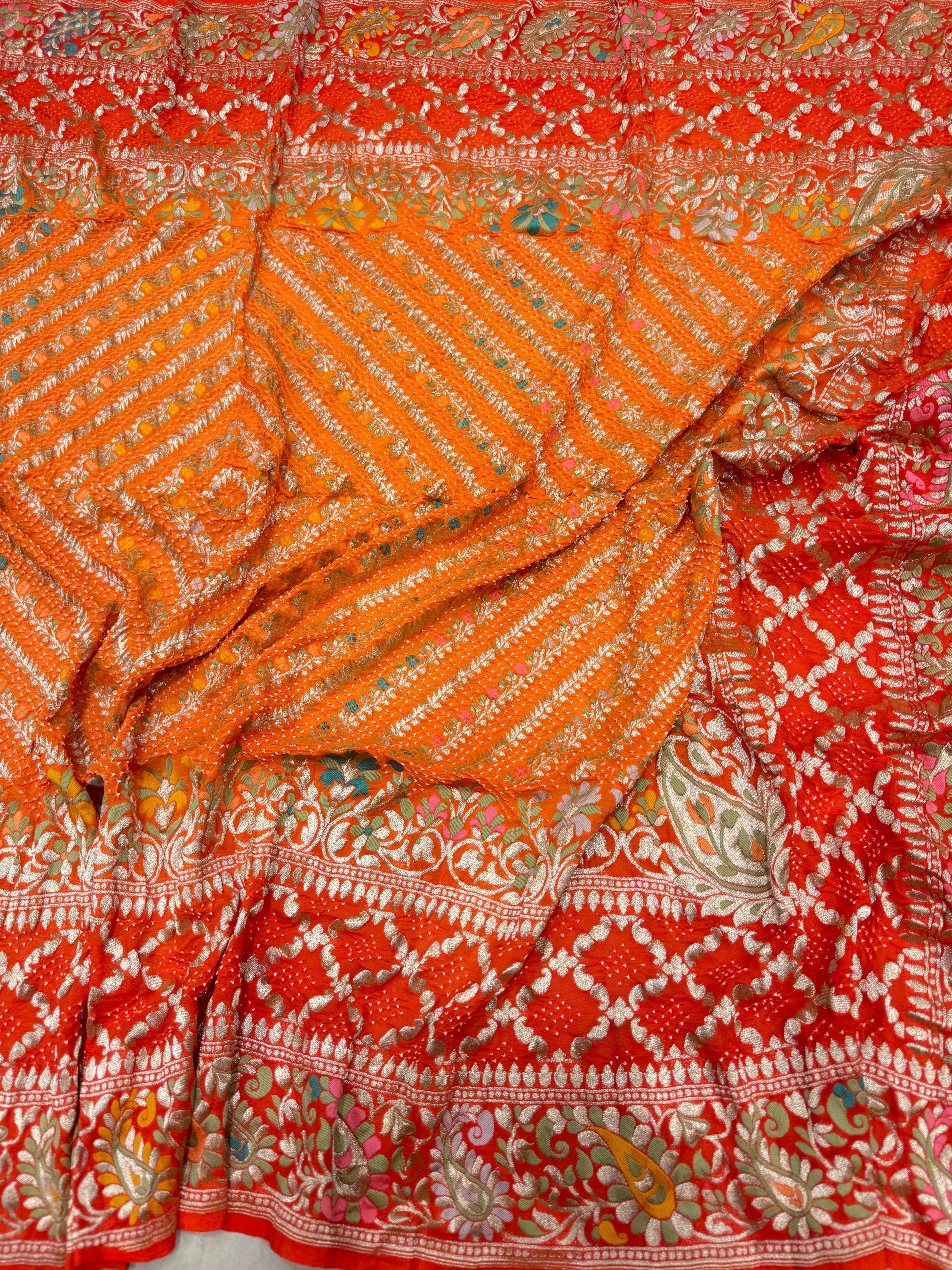 Shaded Orange Jaal Handloom Meenakari Rai Bandhej Pure Zari Dupatta