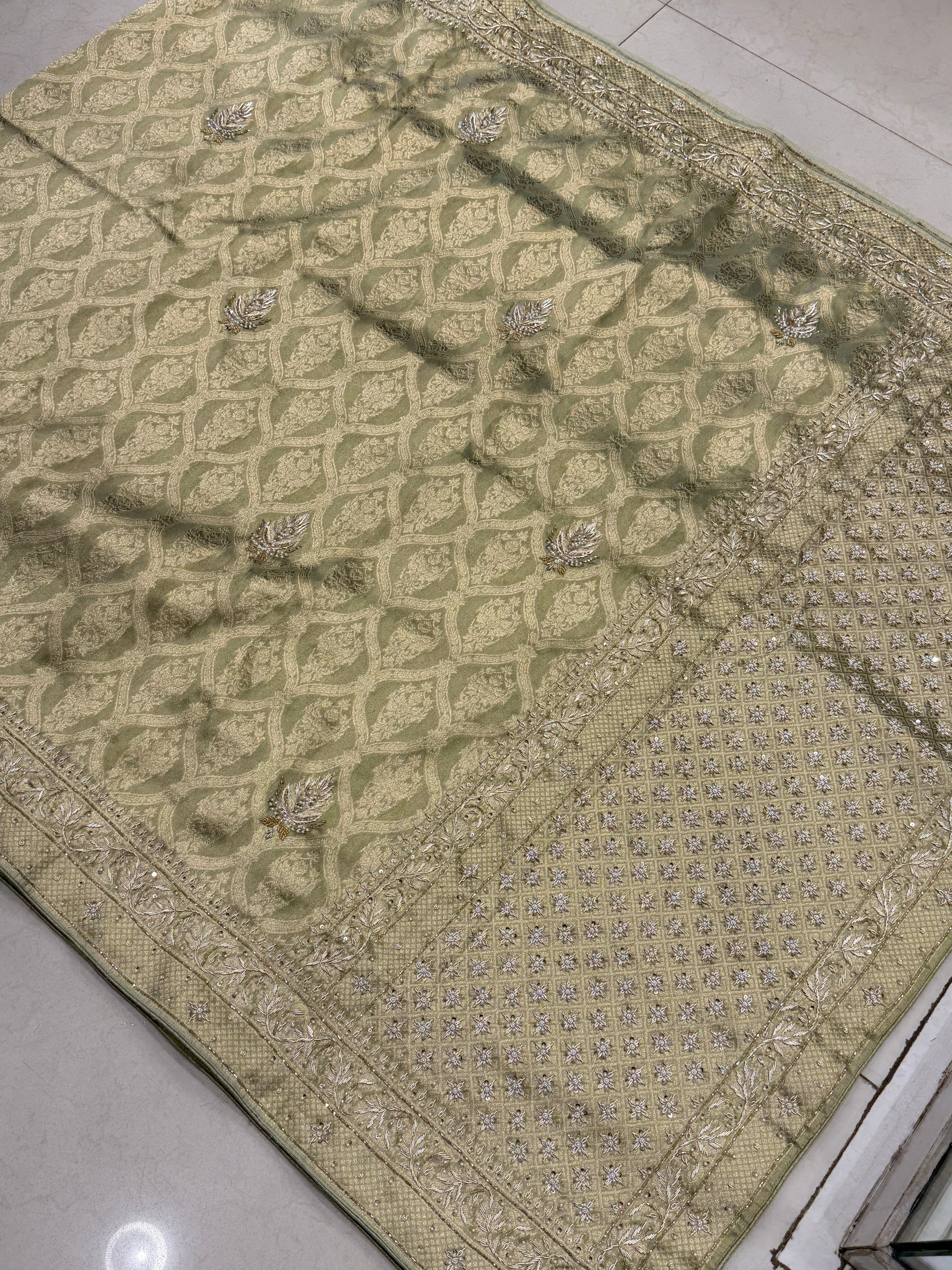 Pista Green Crown Jaal Banarasi Zardosi Embroidery Saree