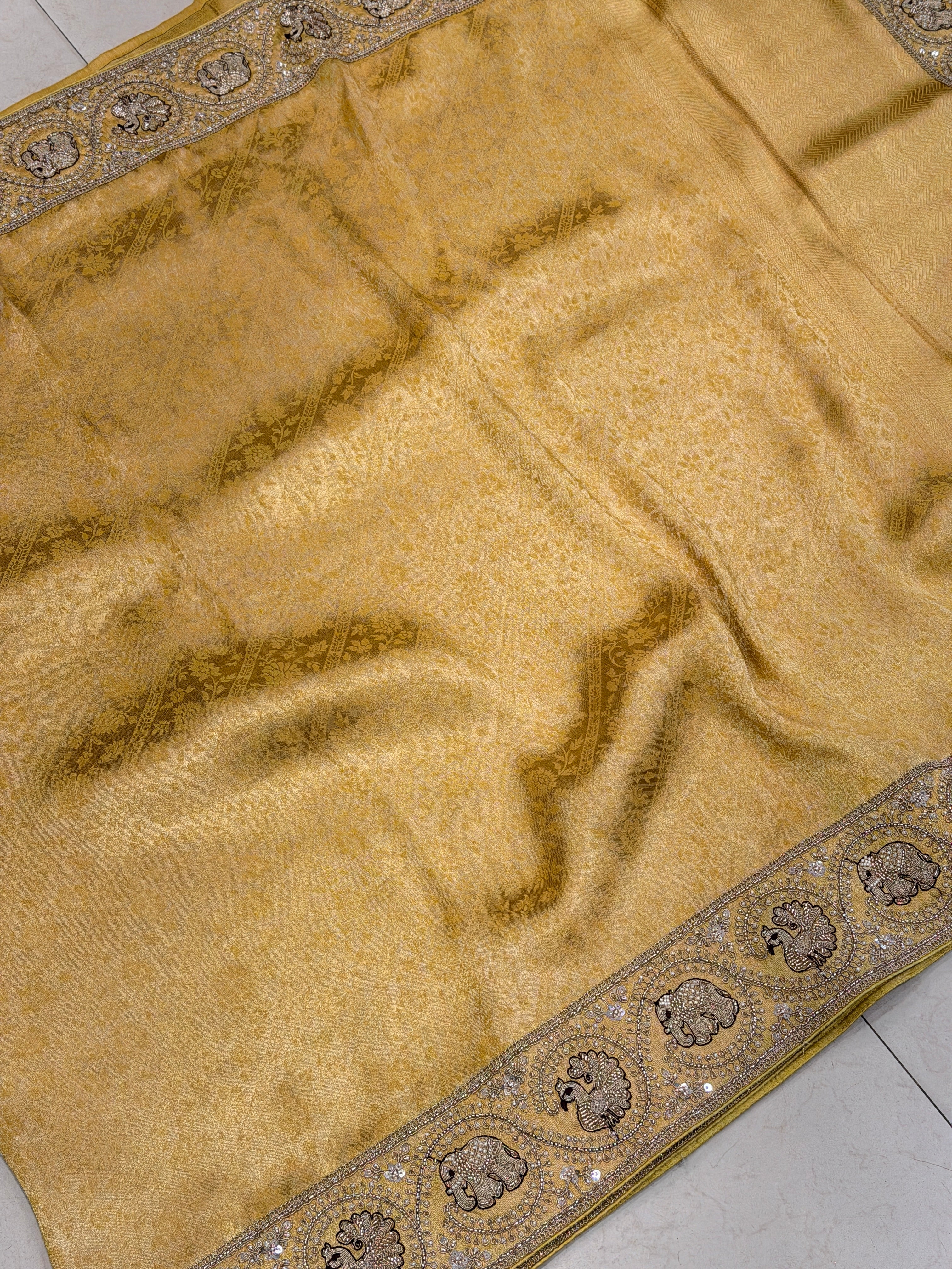 Yellow Banarasi Crepe Tissue Elephant Motif Embroidery Saree