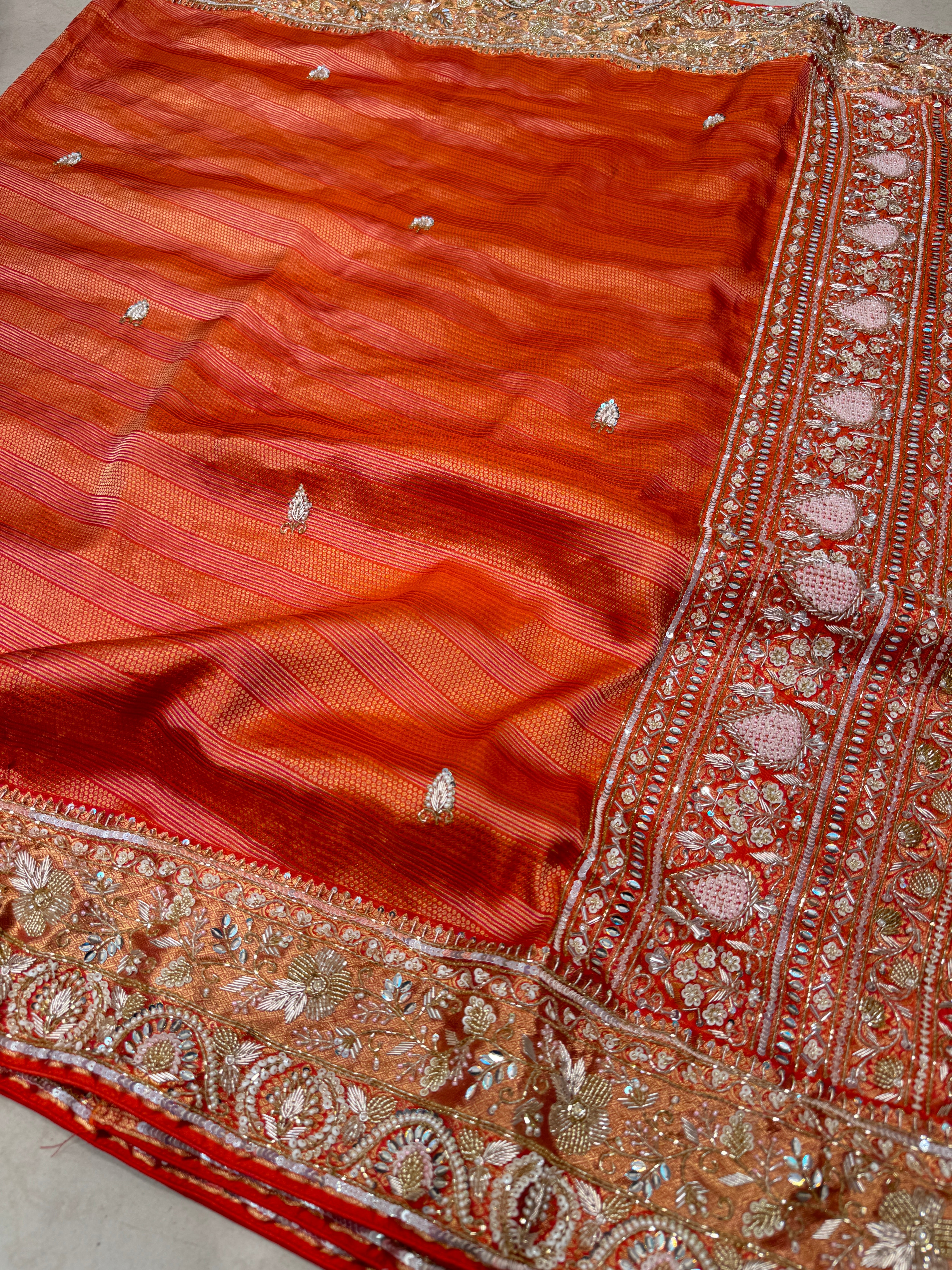 Orange Contemporary Pure Silk Kanjivaram Hand Embroidered Saree