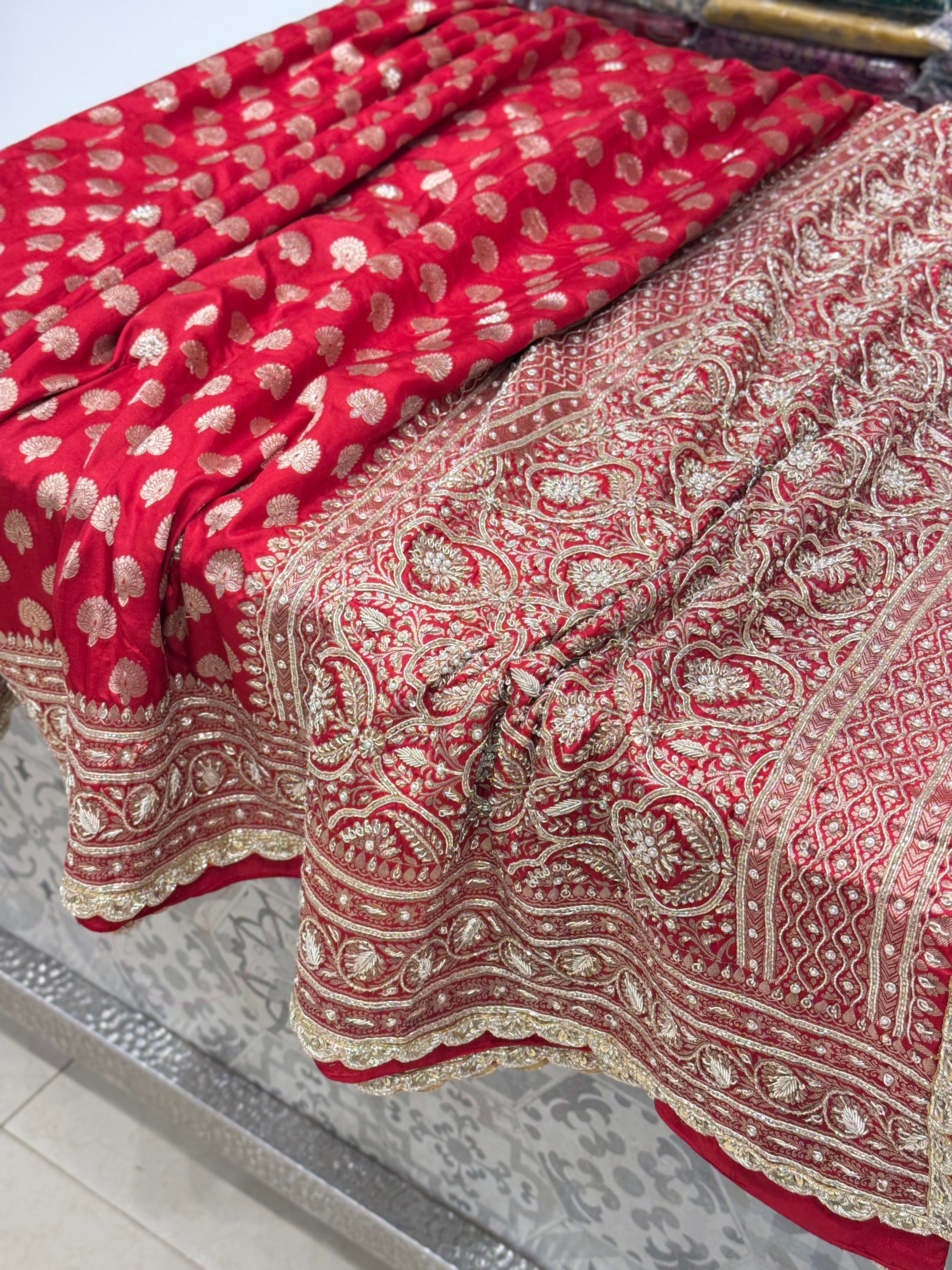Red Buttis Handloom Banarasi Pure Katan Zardosi Embroidery Saree