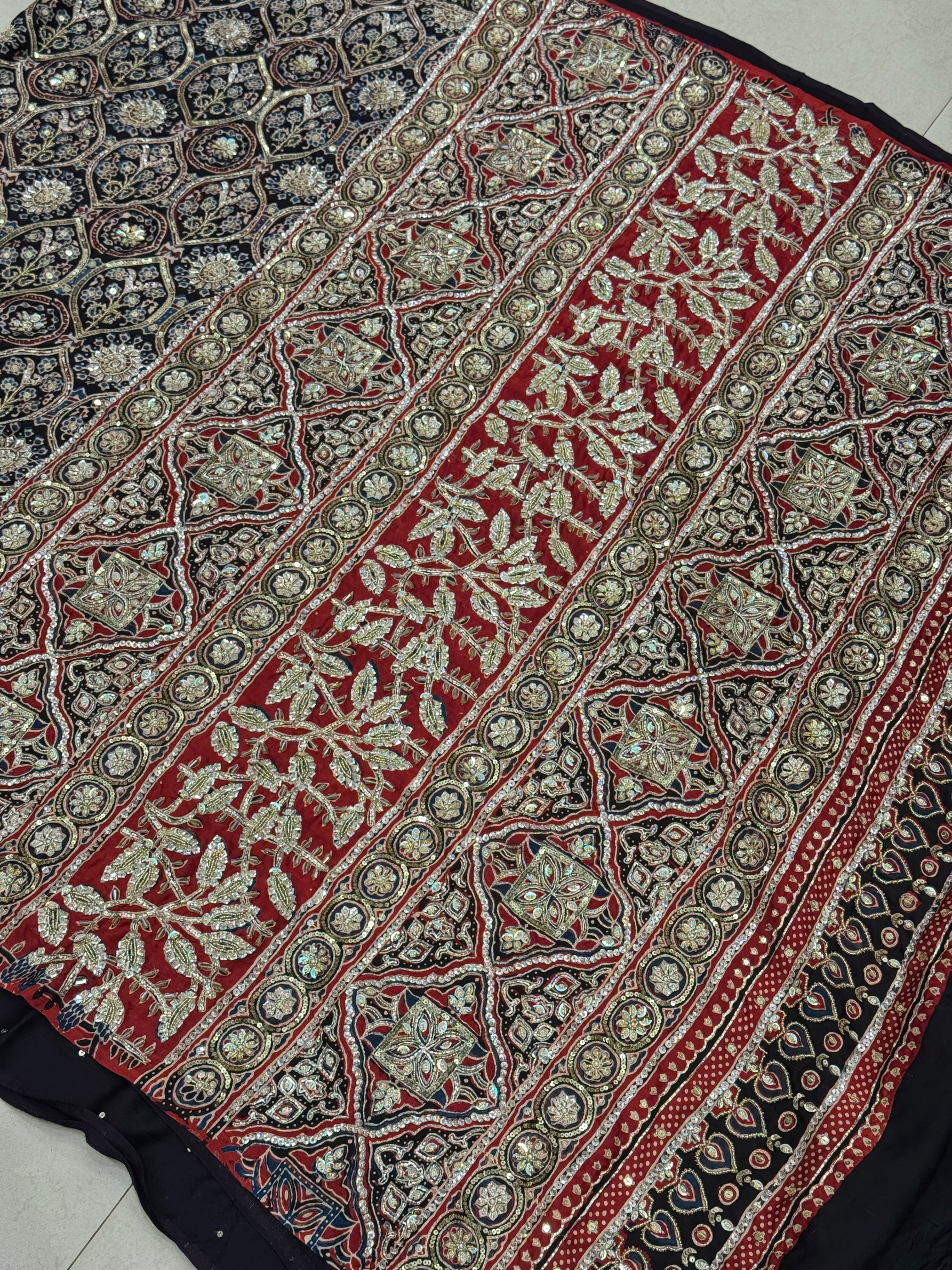 Black Red Jaal Pita Sequin Ajrakh Hand Embroidery Saree