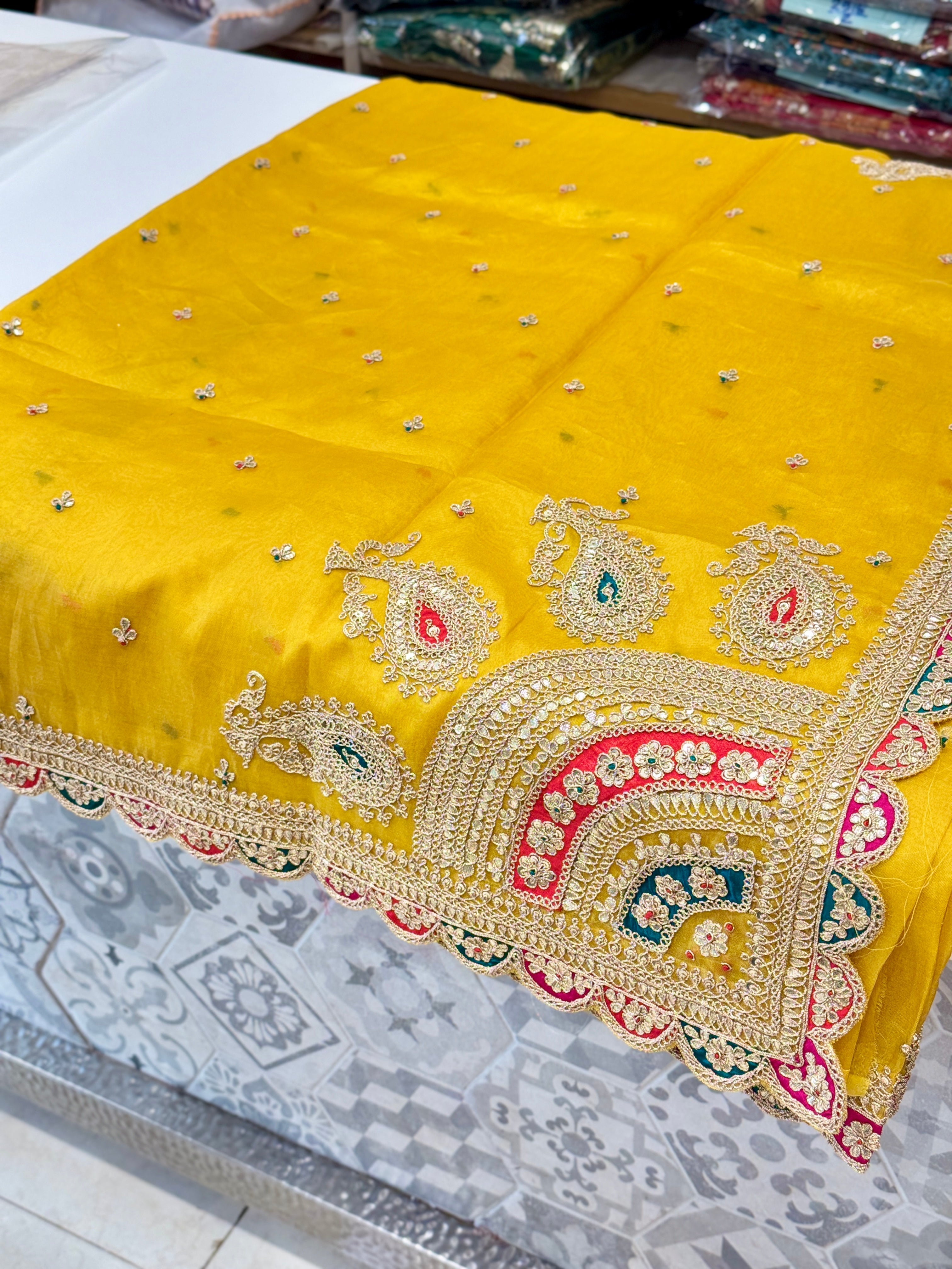 Yellow Organza Marodi Gotapatti Embroidery Saree