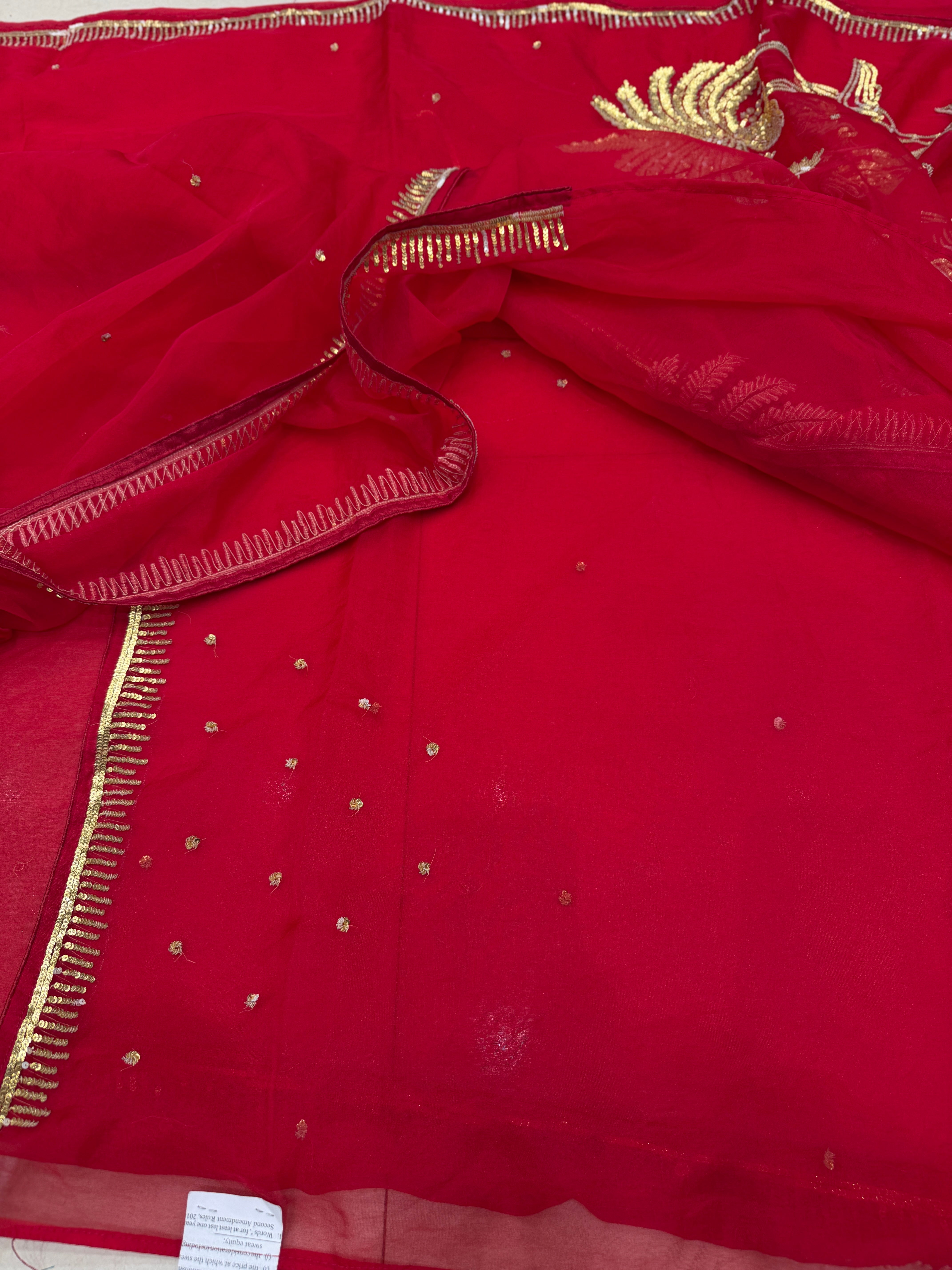 Red Raw Mango Inspired Organza Palm Tree Saree