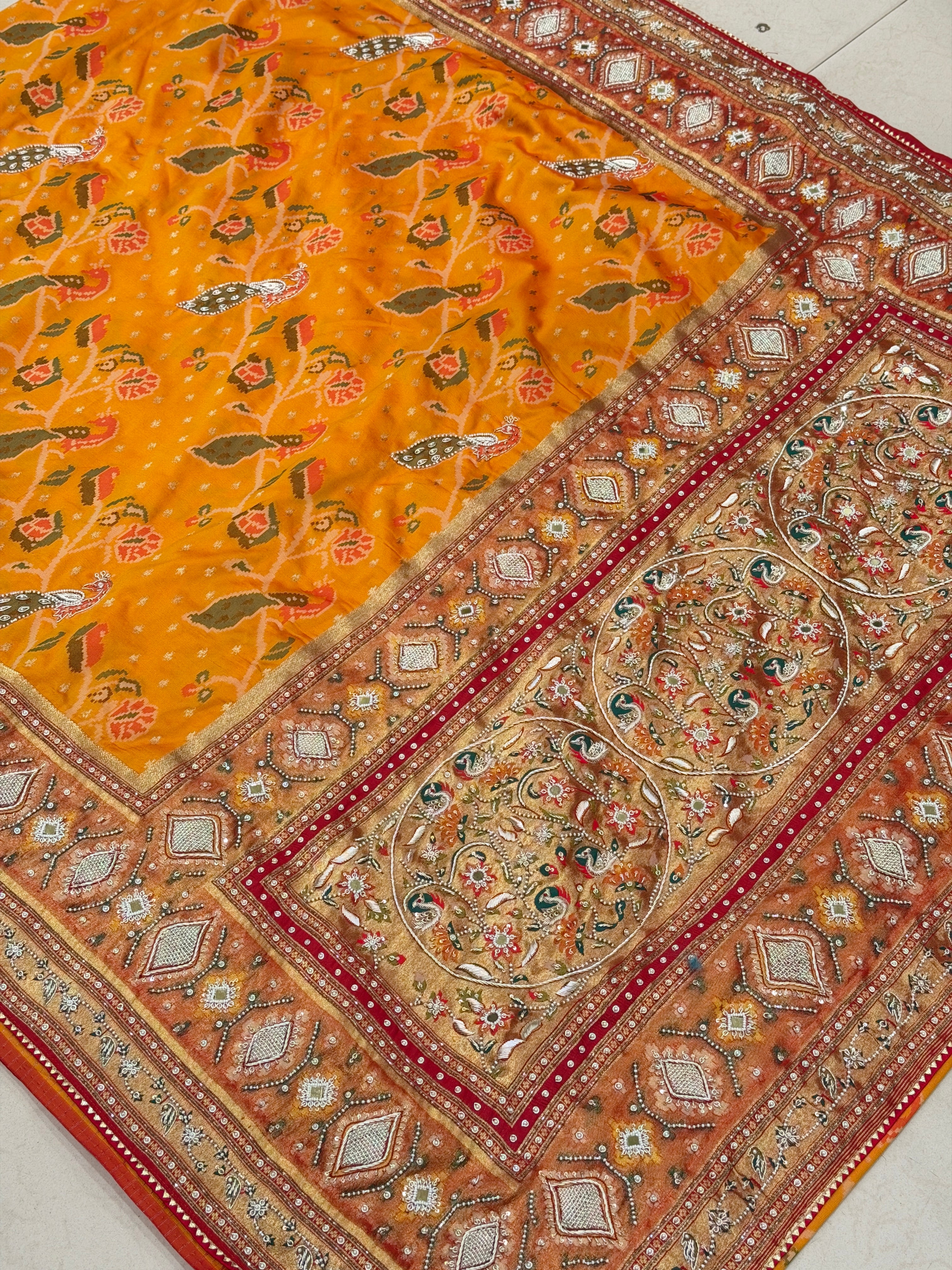Rust Orange Patola Peacock Motif Zardosi Hand Embroidery Saree