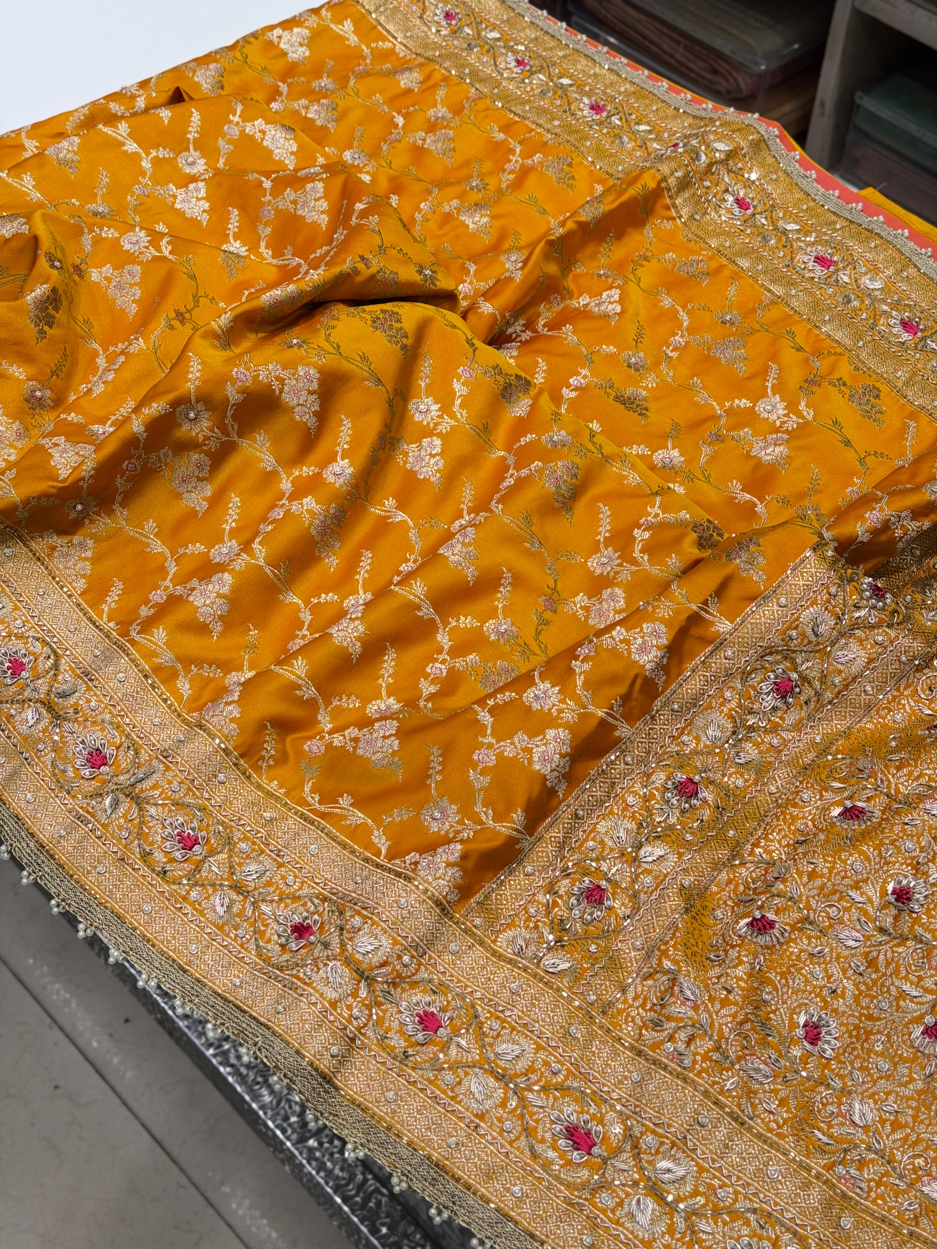 Mango Yellow Banarasi Jasmine Jaal Contrast Resham Embroidery Saree