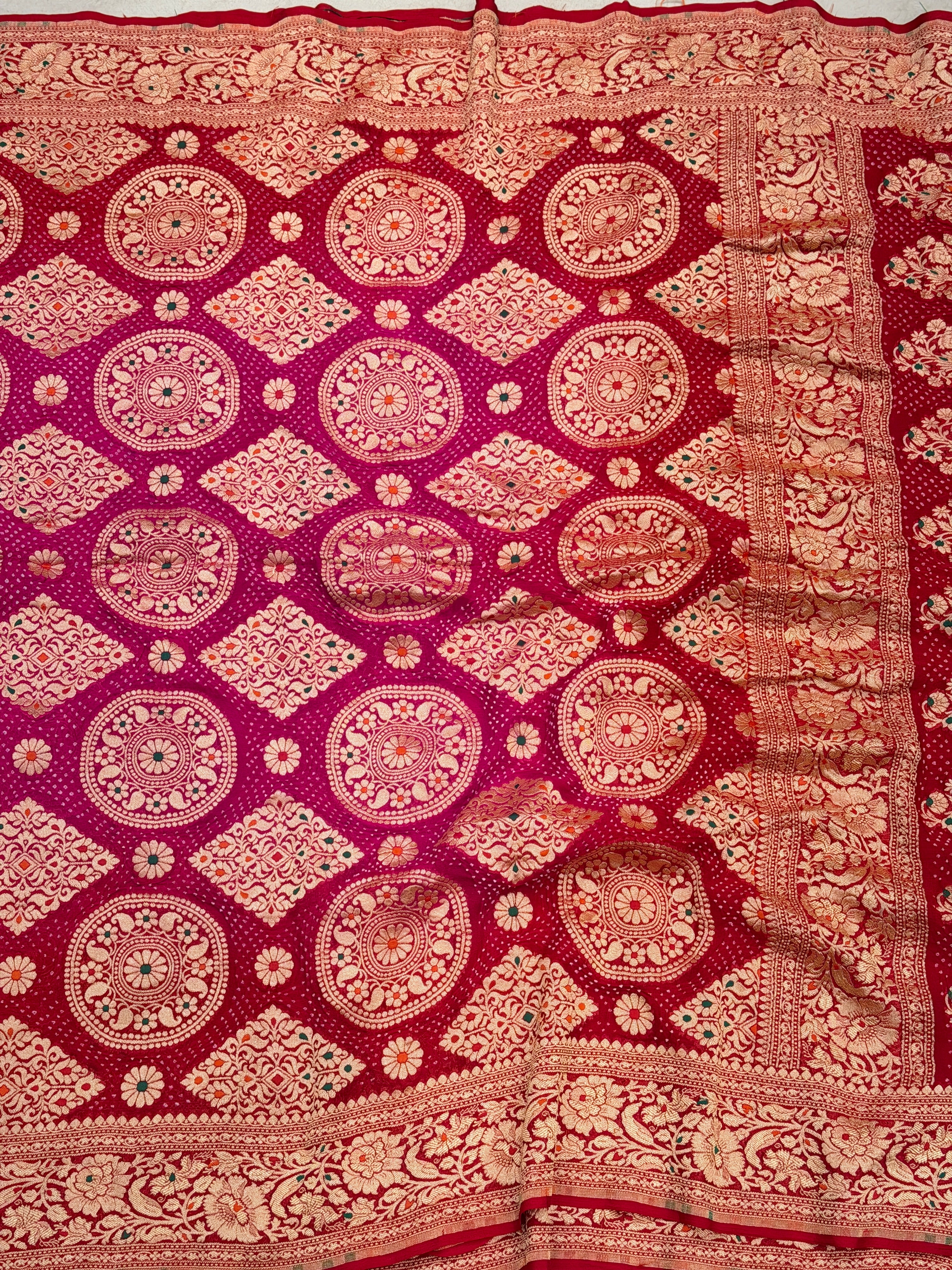 Shaded Rani Red Meenakari Pure Handloom Rai Bandhej Saree