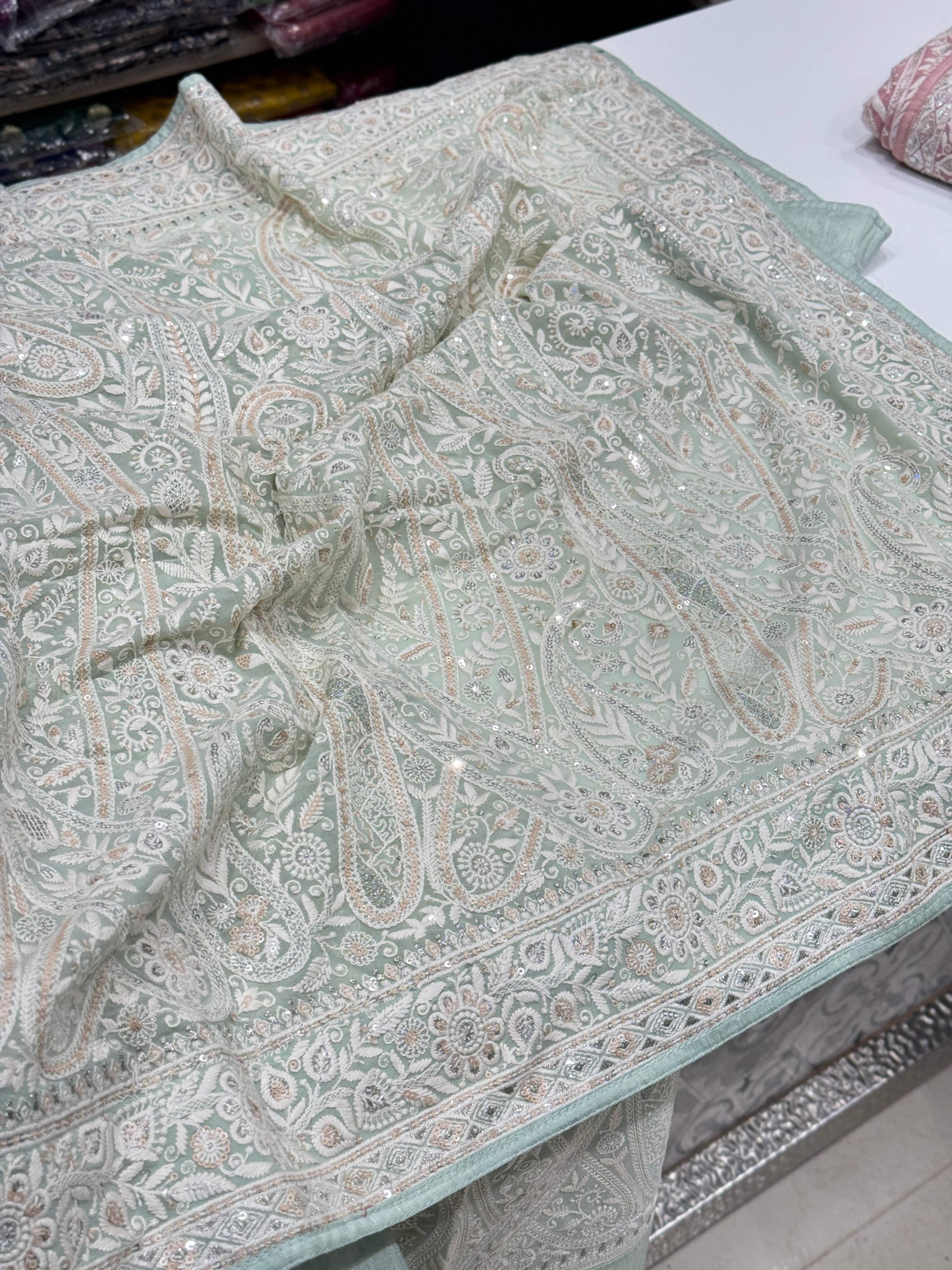 Light Pista Chikankari Keri Saree